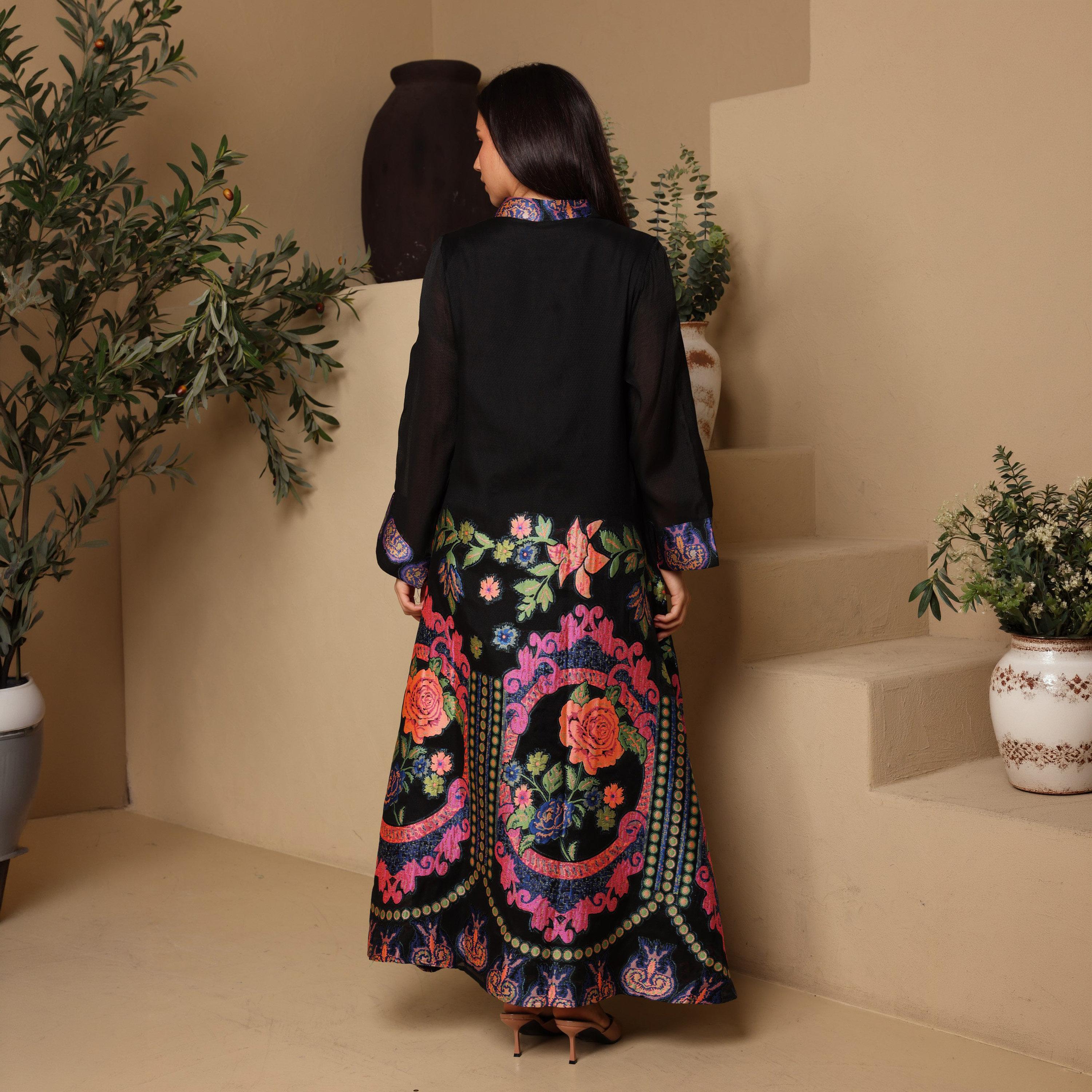 IKKXA Floral Embroidered Mandarin Collar Women's Evening Flared Jalabiya-women-arabicclothing-jalabiyas-image-4
