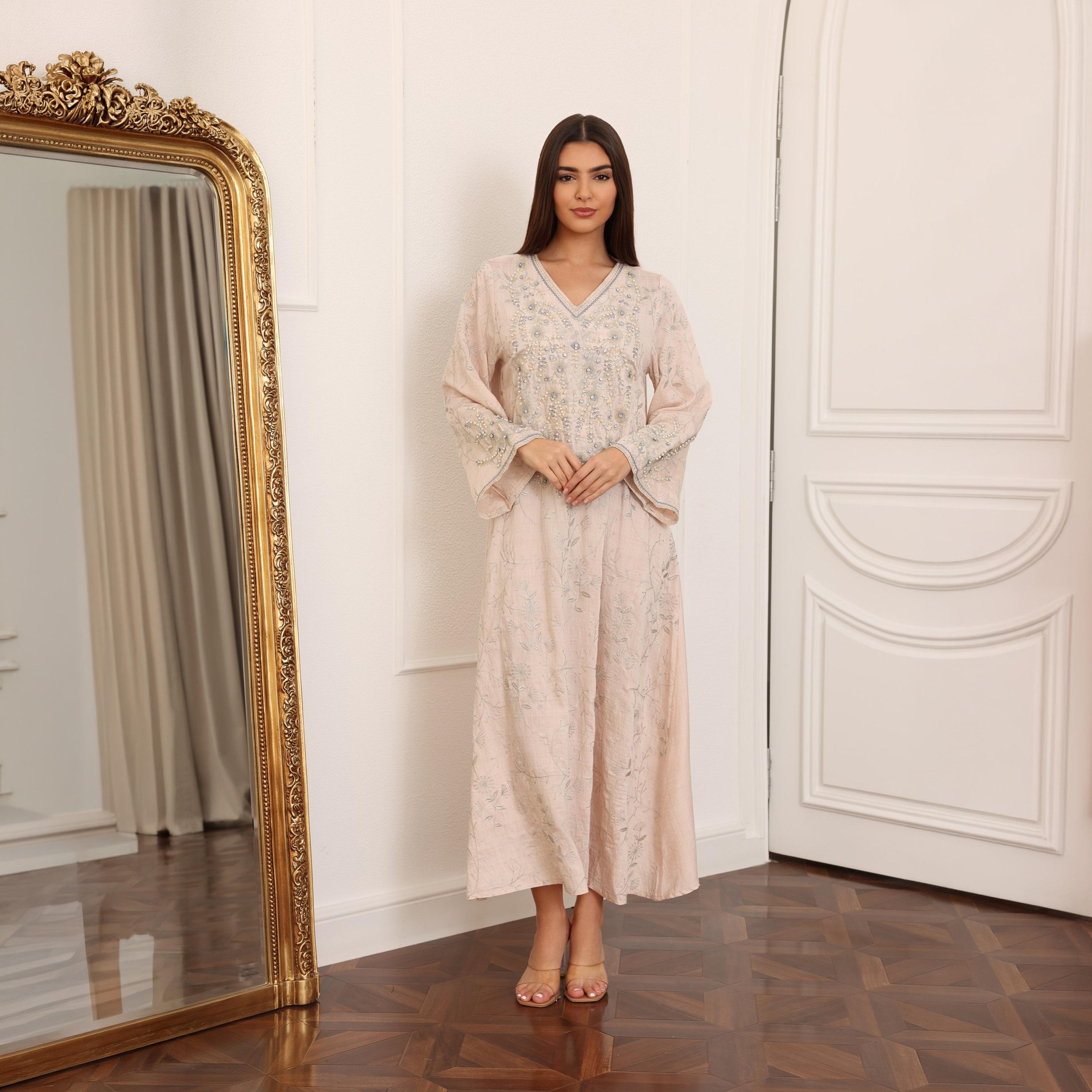 IKKXA Embroidered and Pearl Women's Jalabiya-women-clothing-dresses-image-1