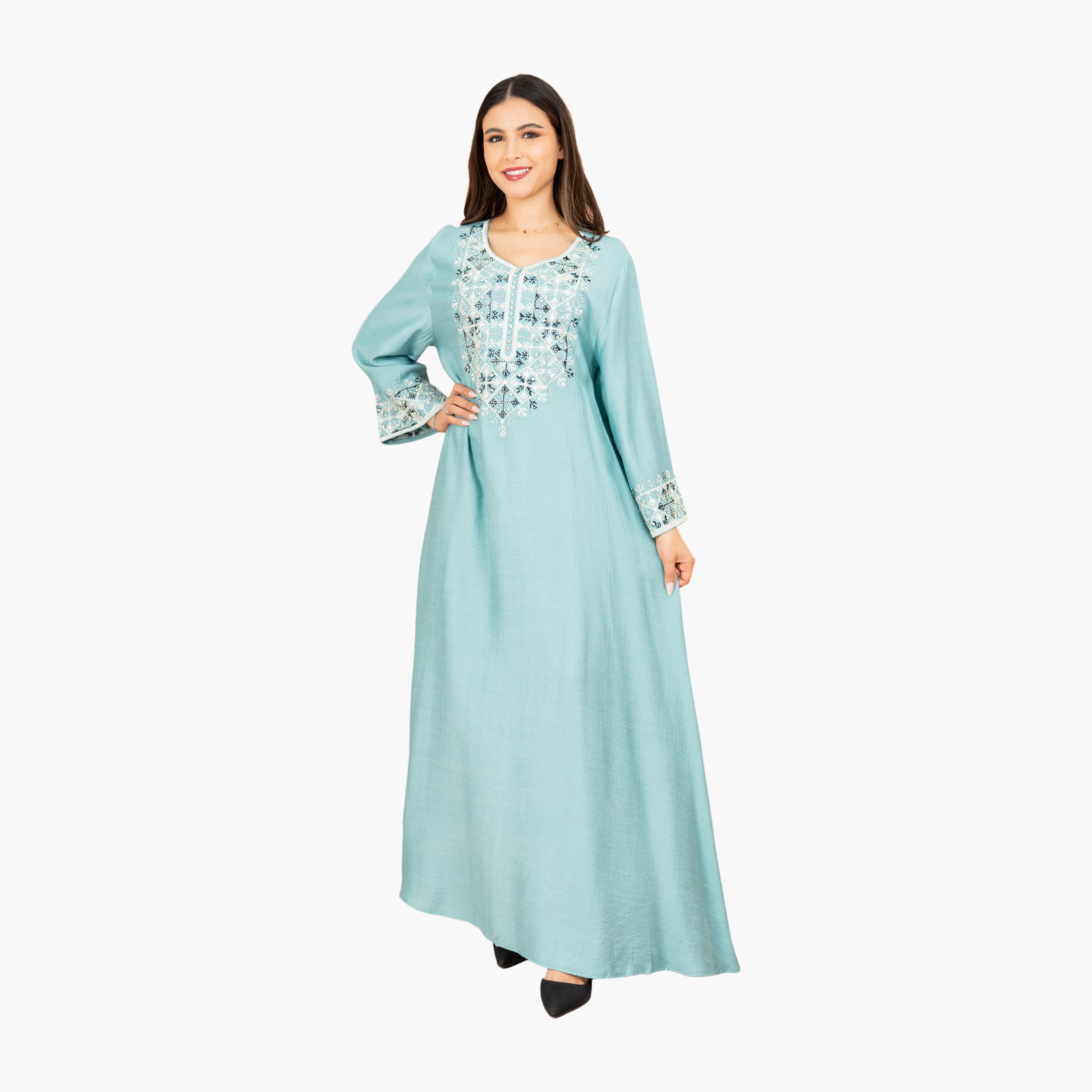 جلابية سهرة نسائية مطرزة بقبة دائرية وأكمام واسعة من إككسا-women-arabicclothing-jalabiyas-image-1