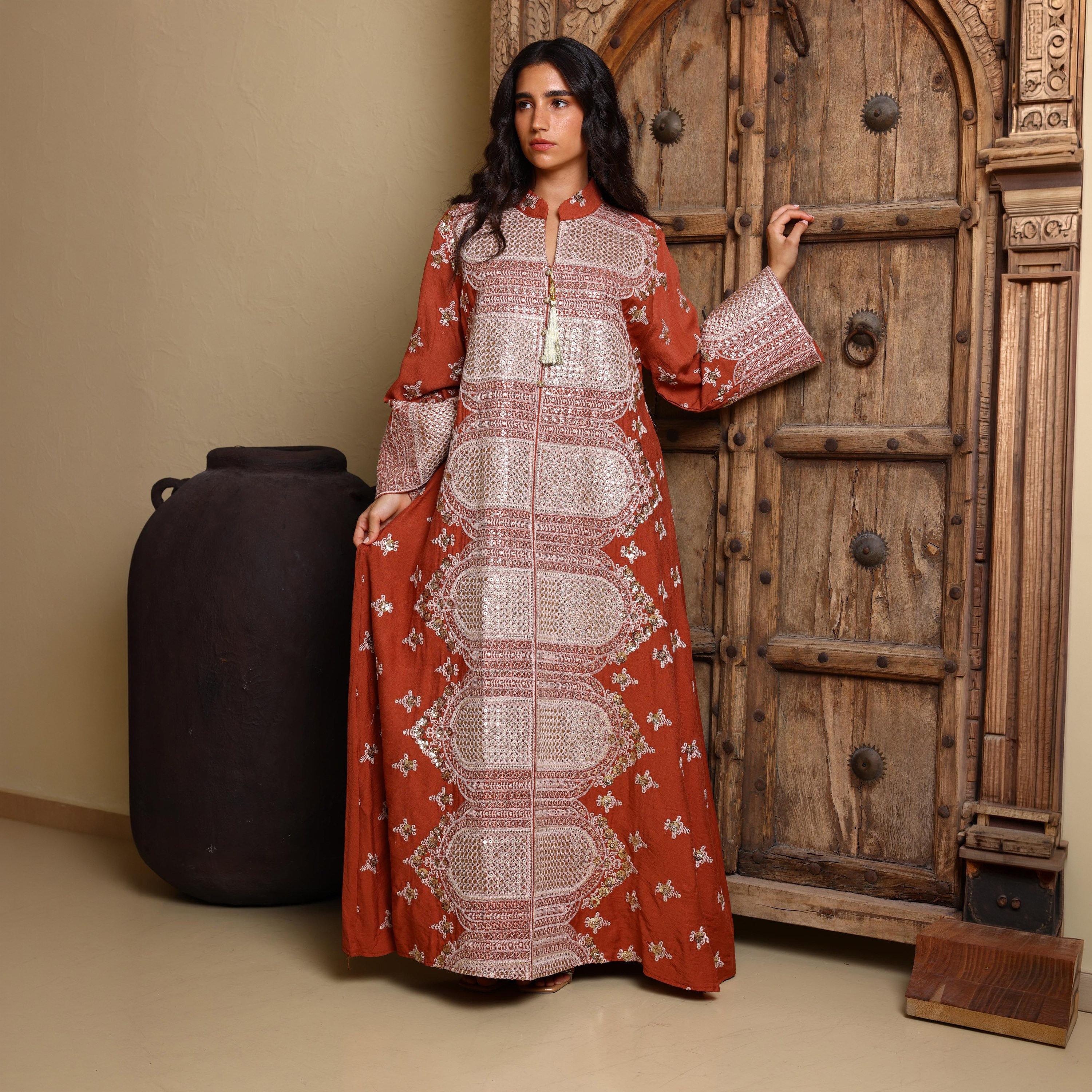 IKKXA Embroidered & Sequined Mandarin Collar Wide Sleeves Women's Evening Jalabiya-women-arabicclothing-jalabiyas-image-1