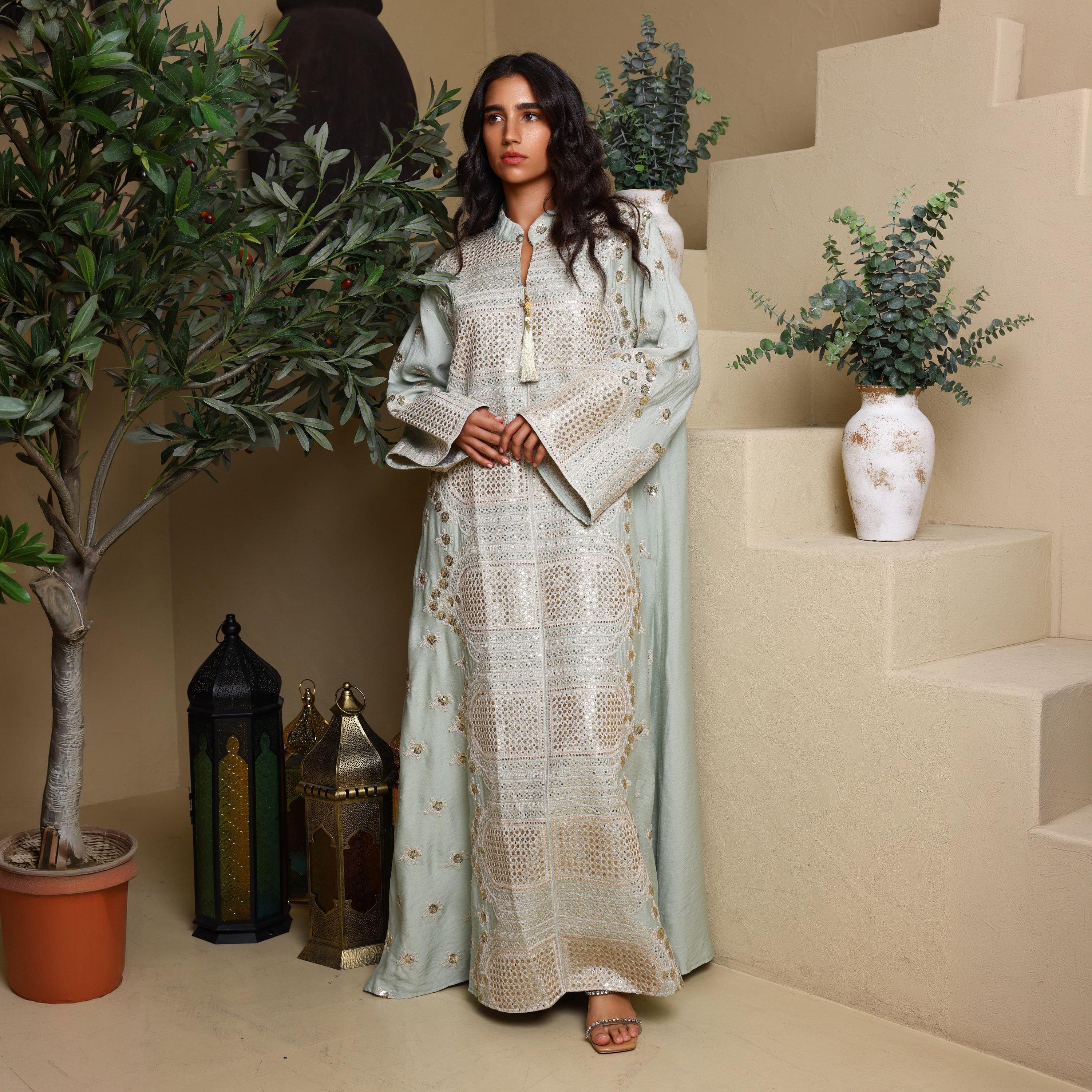 IKKXA Embroidered & Sequined Mandarin Collar Wide Sleeves Women's Evening Jalabiya-women-arabicclothing-jalabiyas-image-1
