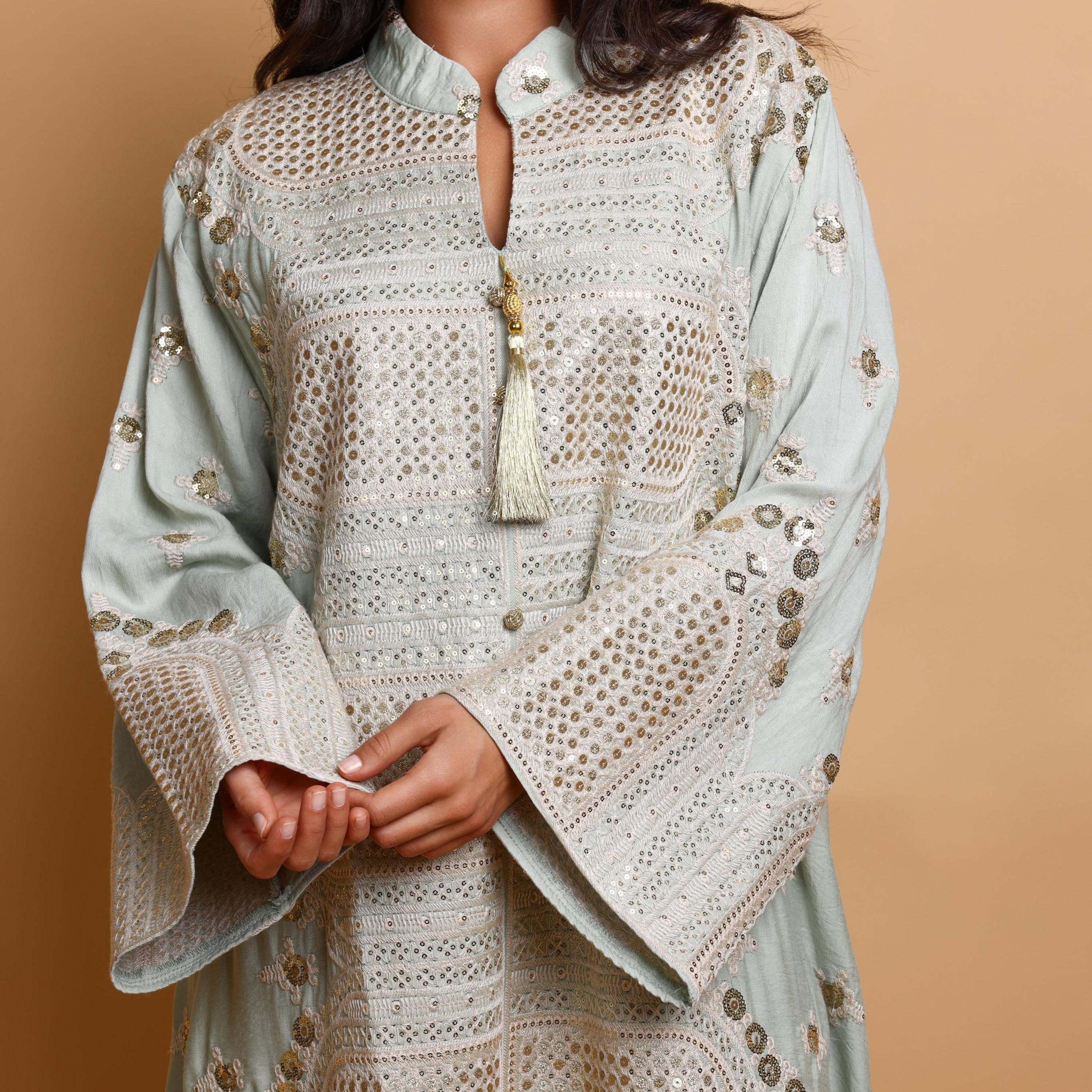 IKKXA Embroidered & Sequined Mandarin Collar Wide Sleeves Women's Evening Jalabiya-women-arabicclothing-jalabiyas-image-2