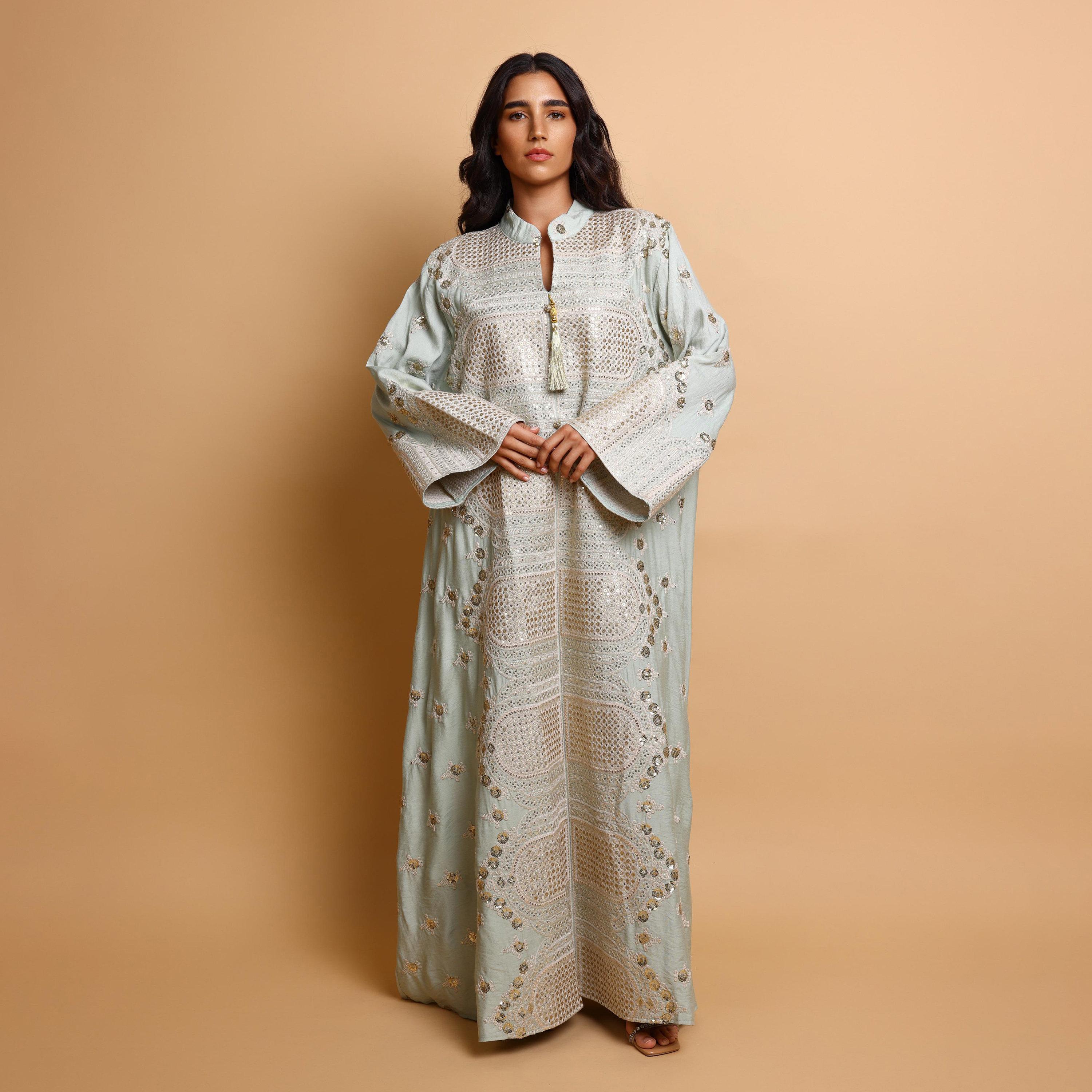 IKKXA Embroidered & Sequined Mandarin Collar Wide Sleeves Women's Evening Jalabiya-women-arabicclothing-jalabiyas-image-3