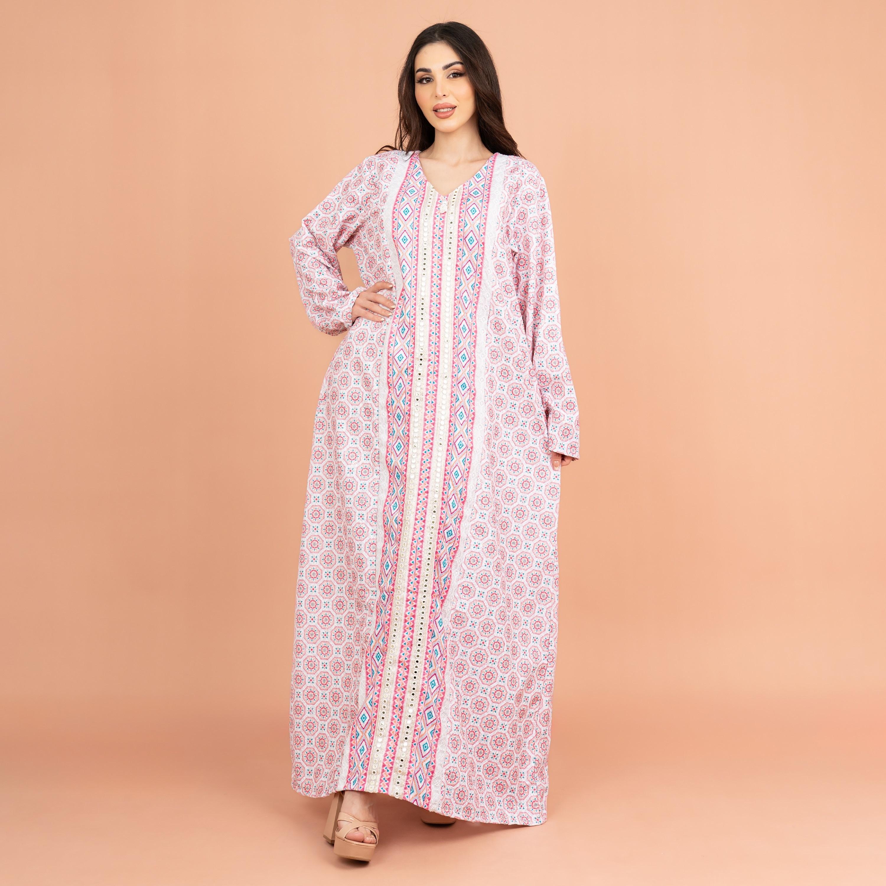 IKKXA Pink Embellished and Pearl with Mirror Work Women's Jalabiya-women-arabicclothing-jalabiyas-image-1