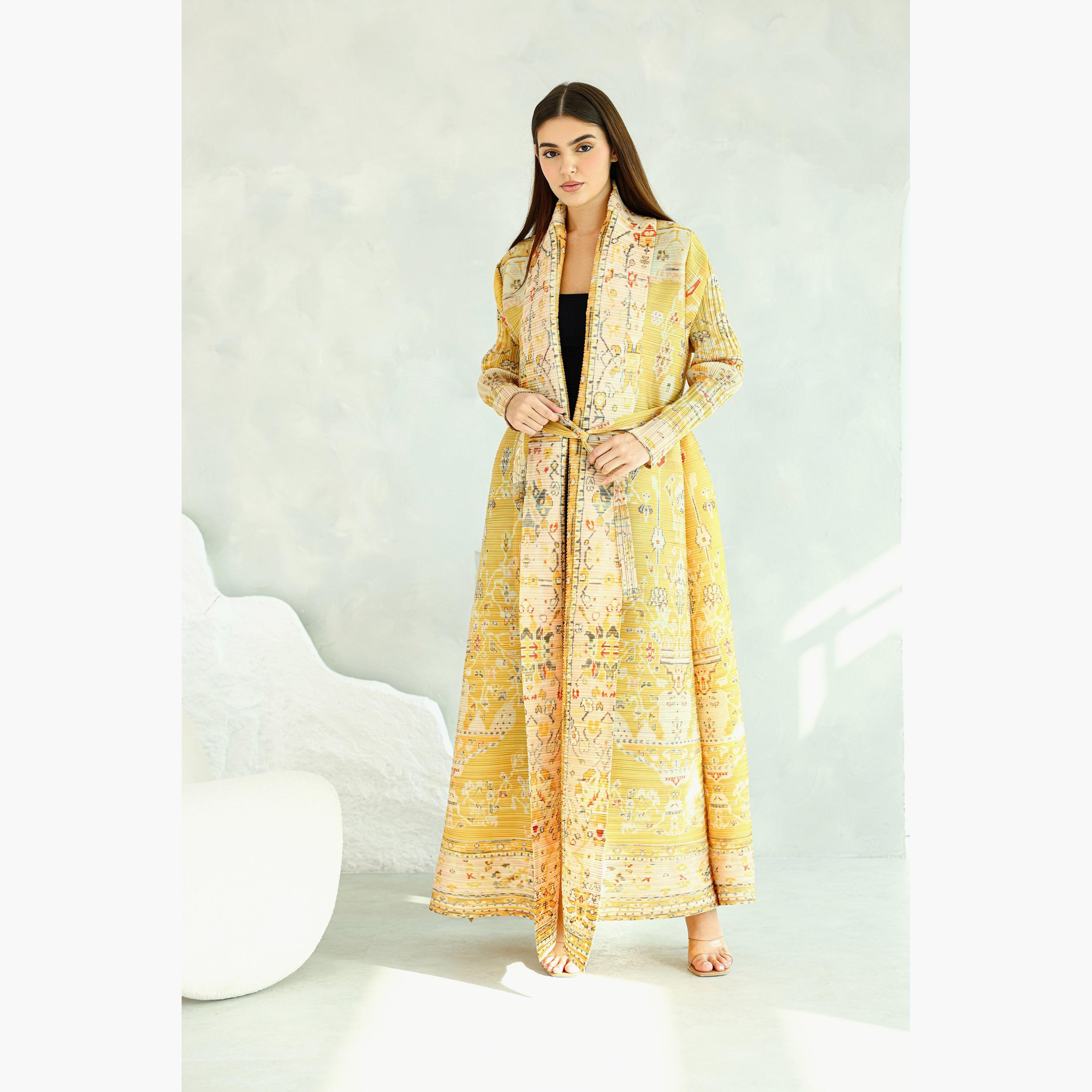 IKKXA Yellow Colorful Printed Plisse Women's Abaya-women-arabicclothing-abayas-image-1