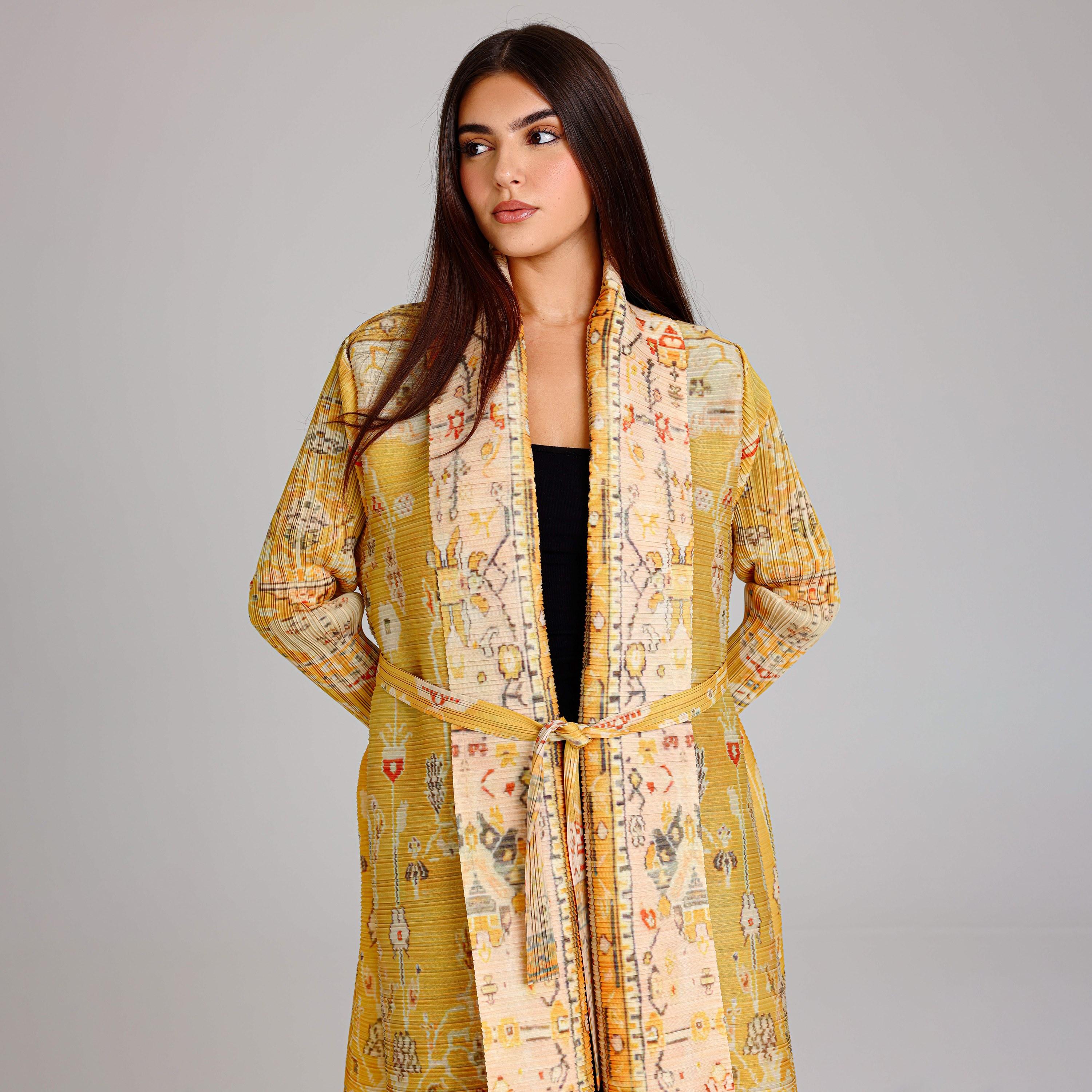 IKKXA Yellow Colorful Printed Plisse Women's Abaya-women-arabicclothing-abayas-image-2