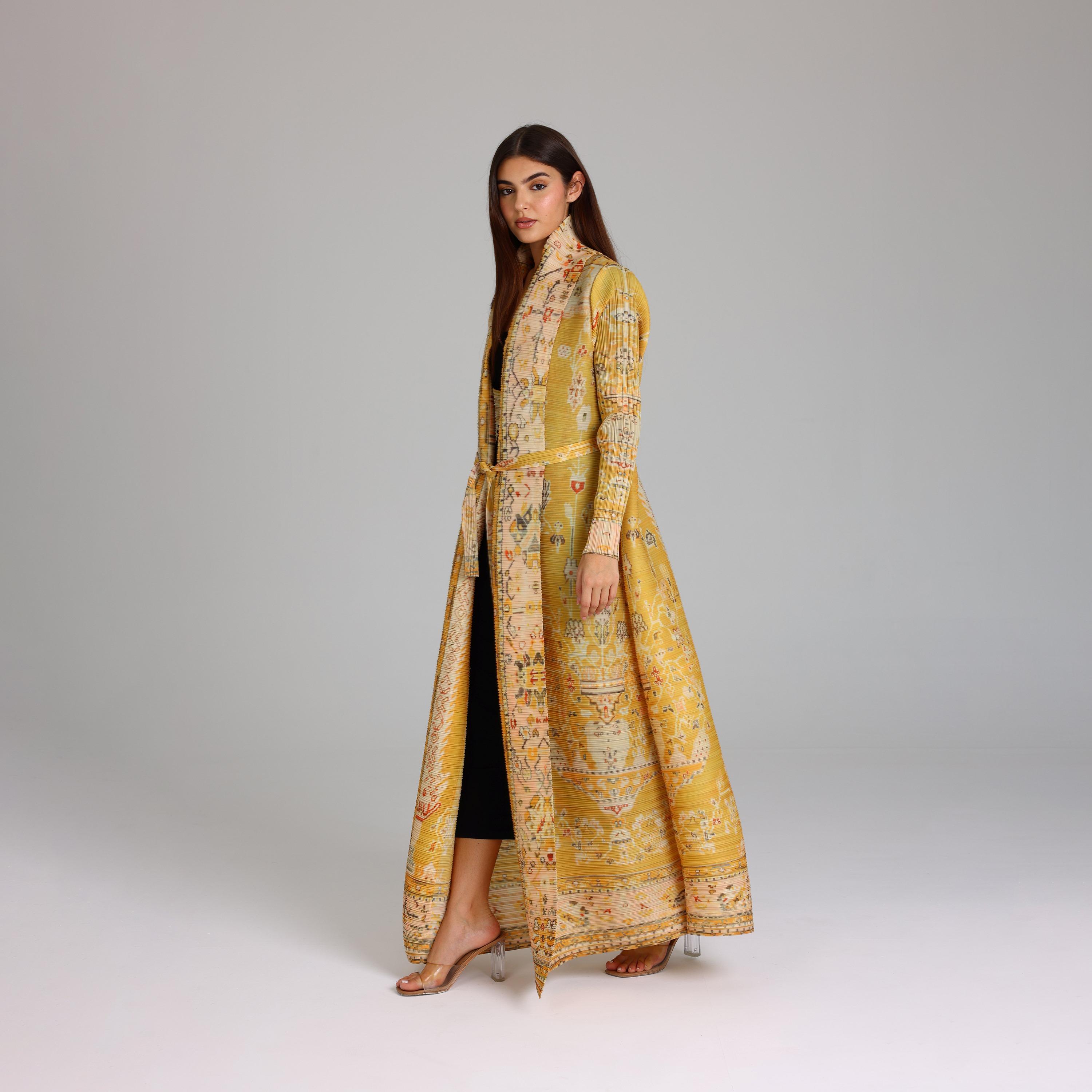 IKKXA Yellow Colorful Printed Plisse Women's Abaya-women-arabicclothing-abayas-image-3