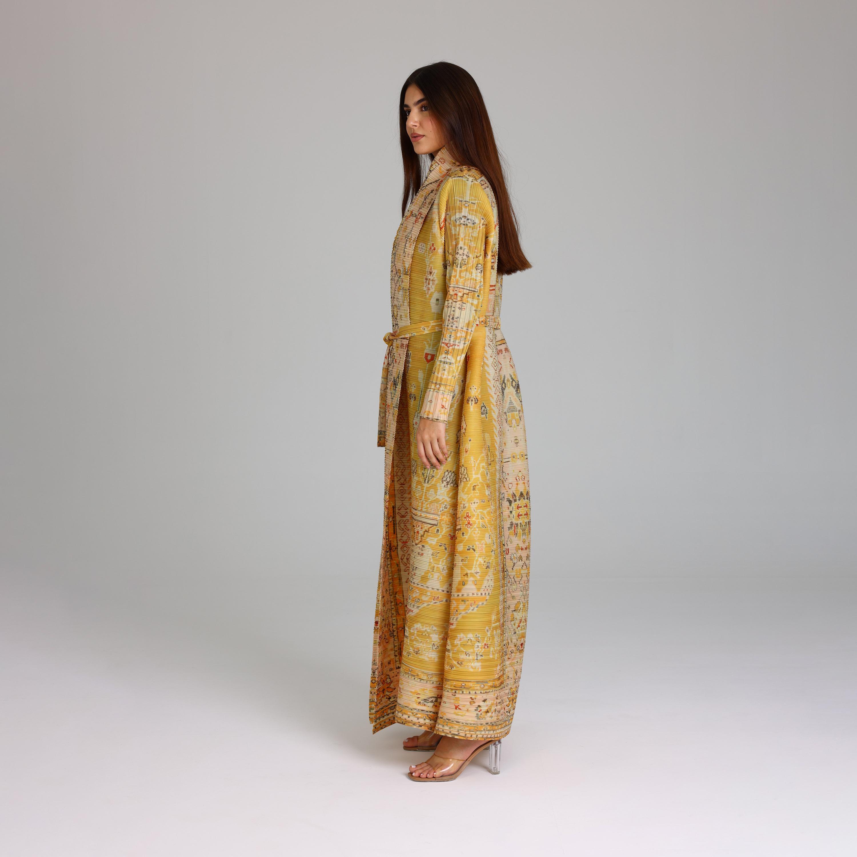 IKKXA Yellow Colorful Printed Plisse Women's Abaya-women-arabicclothing-abayas-image-4