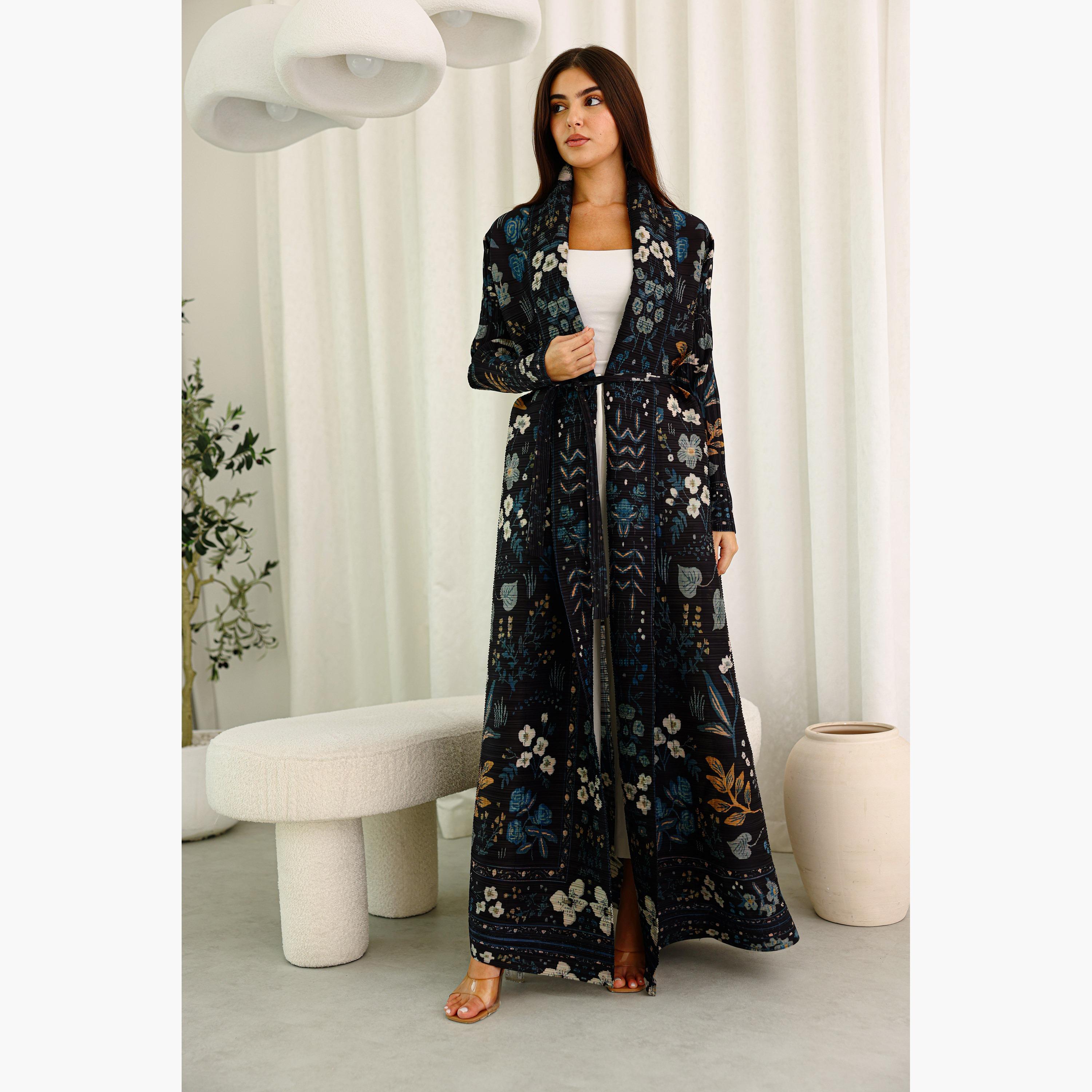 IKKXA Multicolor Floral Print Plisse Women's Abaya-women-arabicclothing-abayas-image-1
