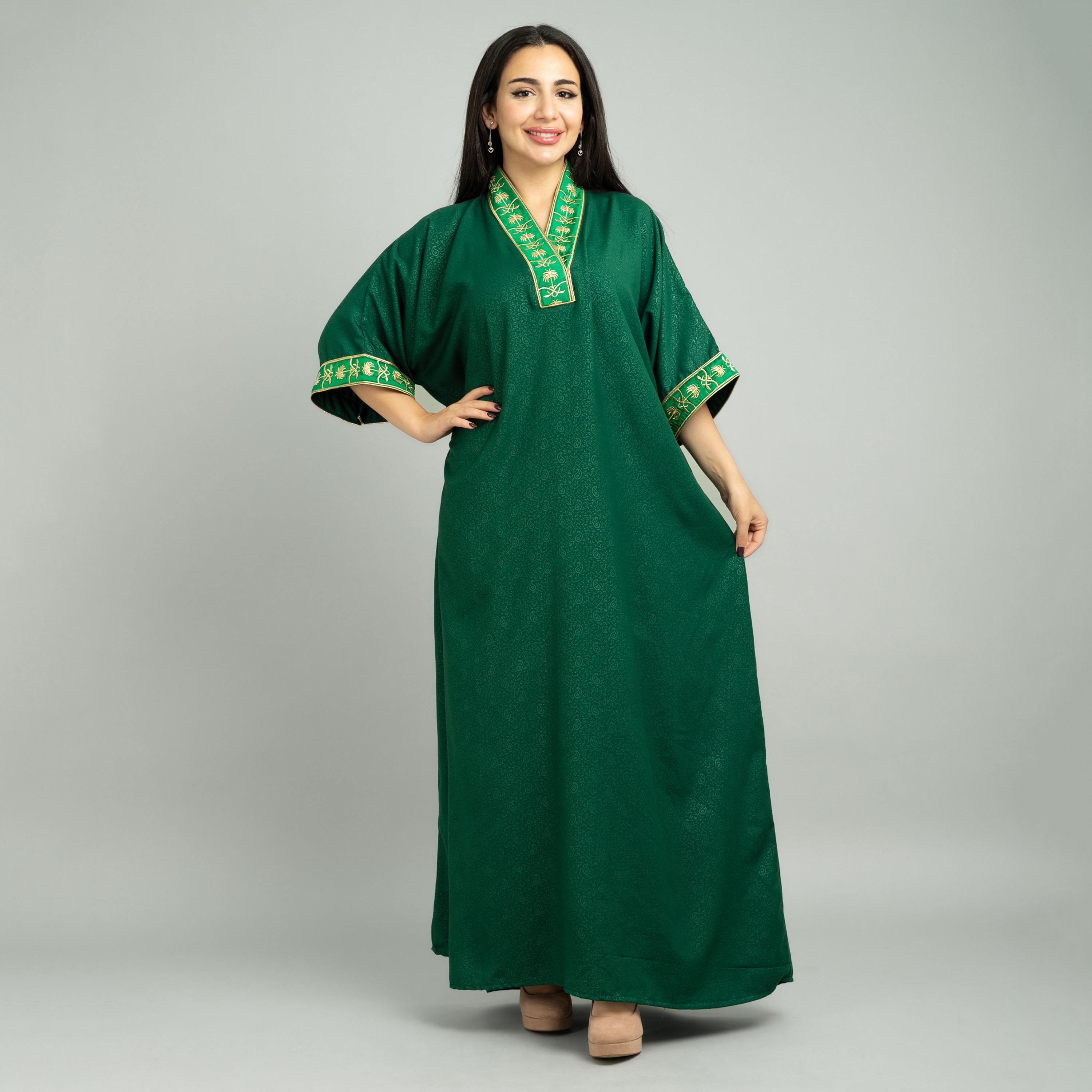 IKKXA Green Embroidered Yoke Women's Jalabiya-women-arabicclothing-jalabiyas-image-1