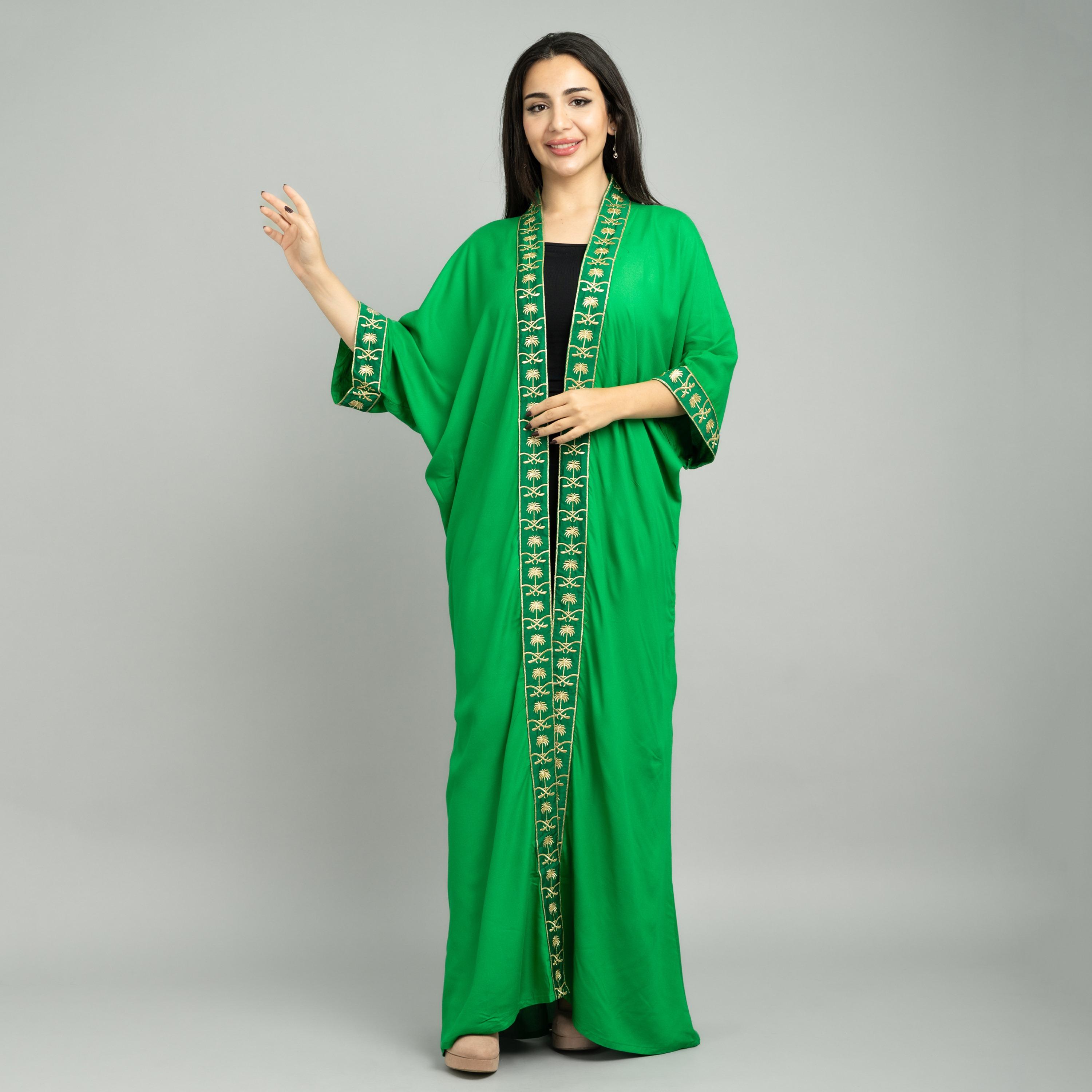 IKKXA Green Embroidered Yoke Open Front Women's Jalabiya-women-arabicclothing-abayas-image-1