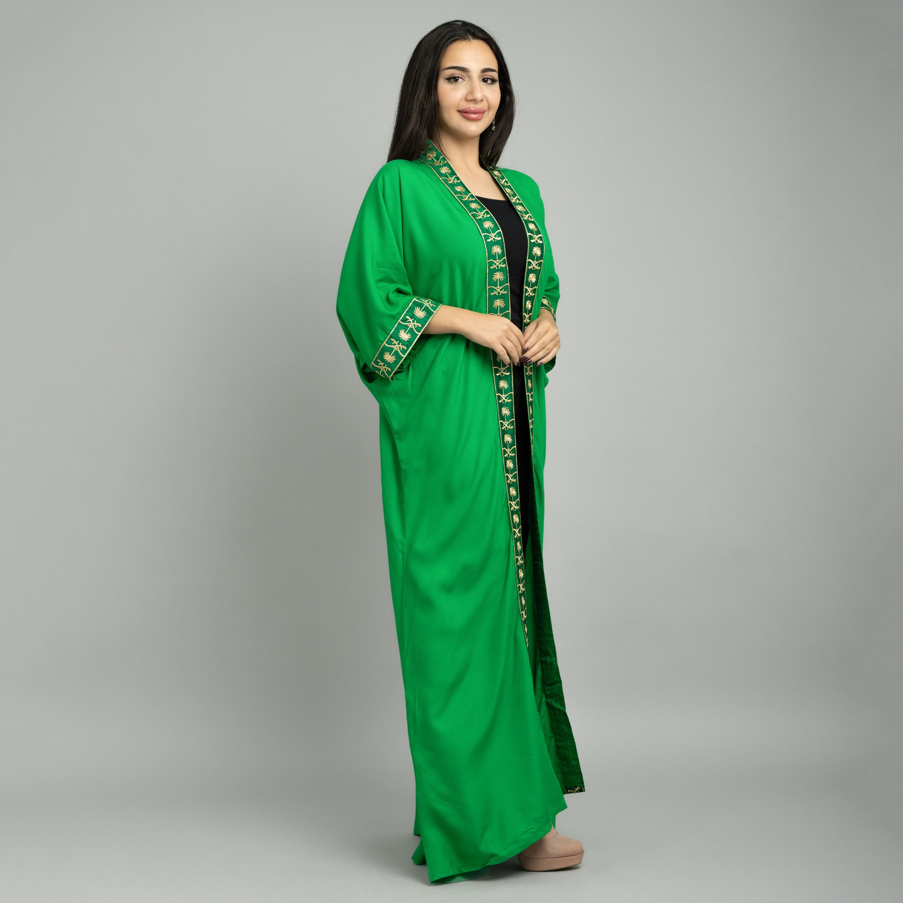 IKKXA Green Embroidered Yoke Open Front Women's Jalabiya-women-arabicclothing-abayas-image-4