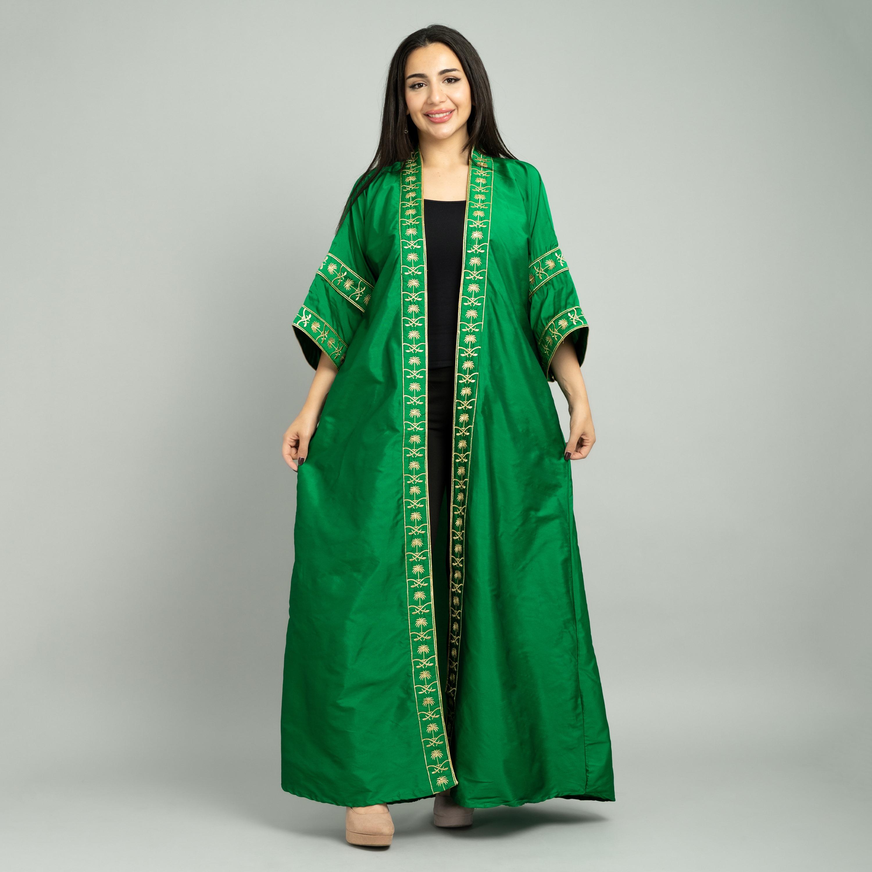 IKKXA Green Embroidered Yoke Open Front Women's Jalabiya-women-arabicclothing-abayas-image-1