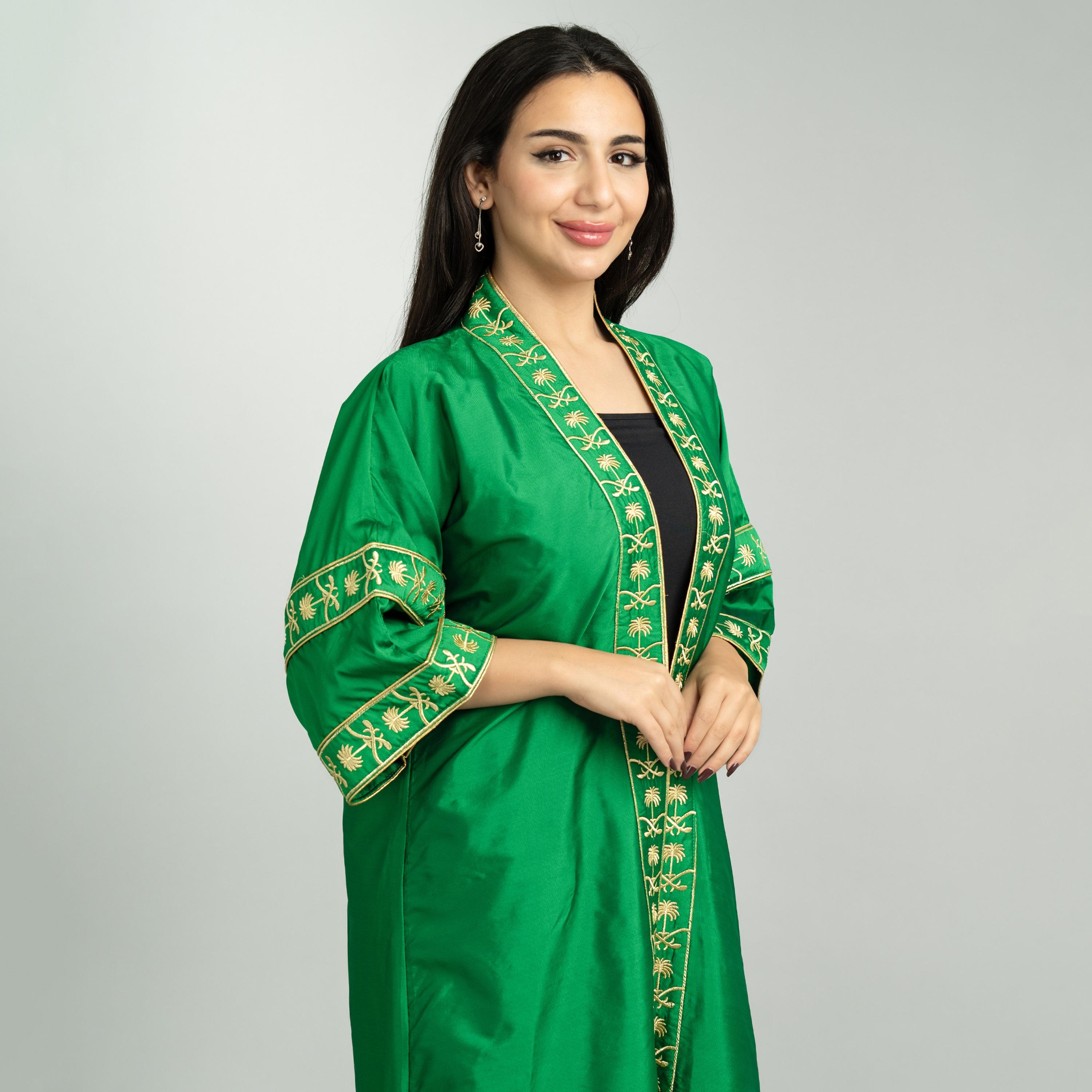 IKKXA Green Embroidered Yoke Open Front Women's Jalabiya-women-arabicclothing-abayas-image-2
