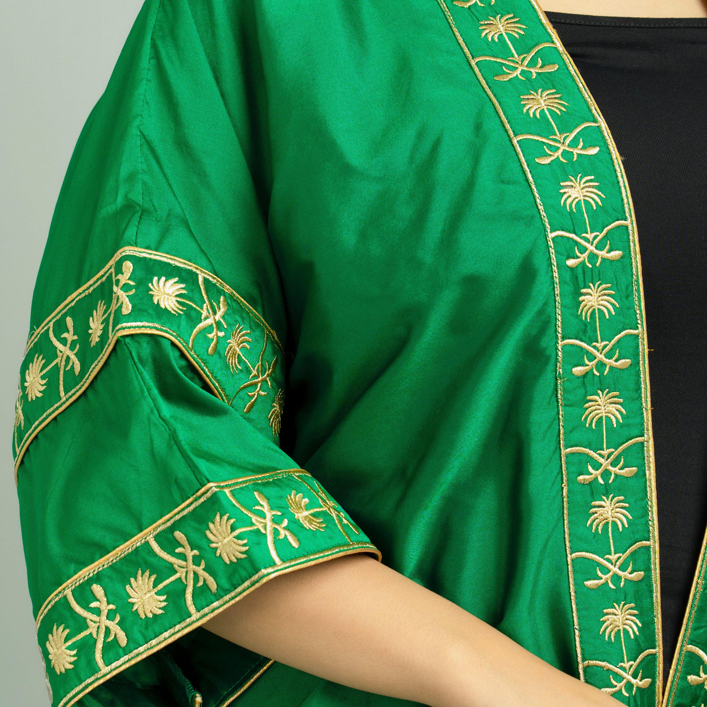 IKKXA Green Embroidered Yoke Open Front Women's Jalabiya-women-arabicclothing-abayas-image-3