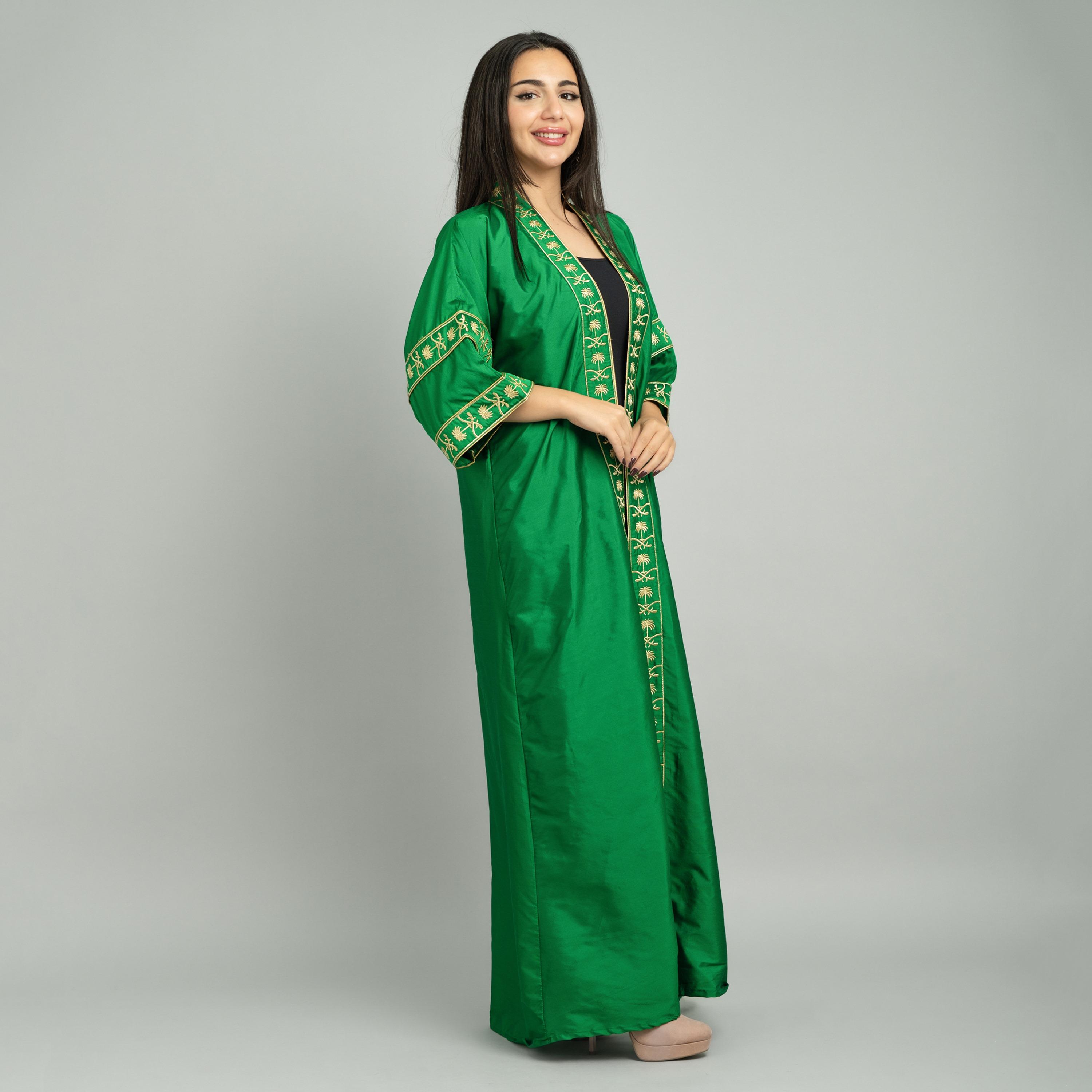 IKKXA Green Embroidered Yoke Open Front Women's Jalabiya-women-arabicclothing-abayas-image-4