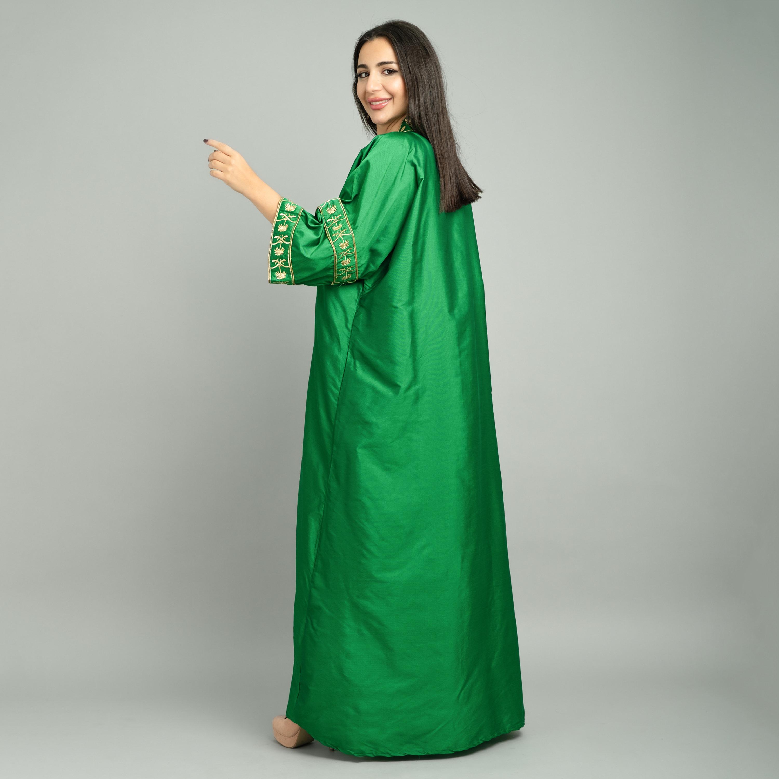 IKKXA Green Embroidered Yoke Open Front Women's Jalabiya-women-arabicclothing-abayas-image-5