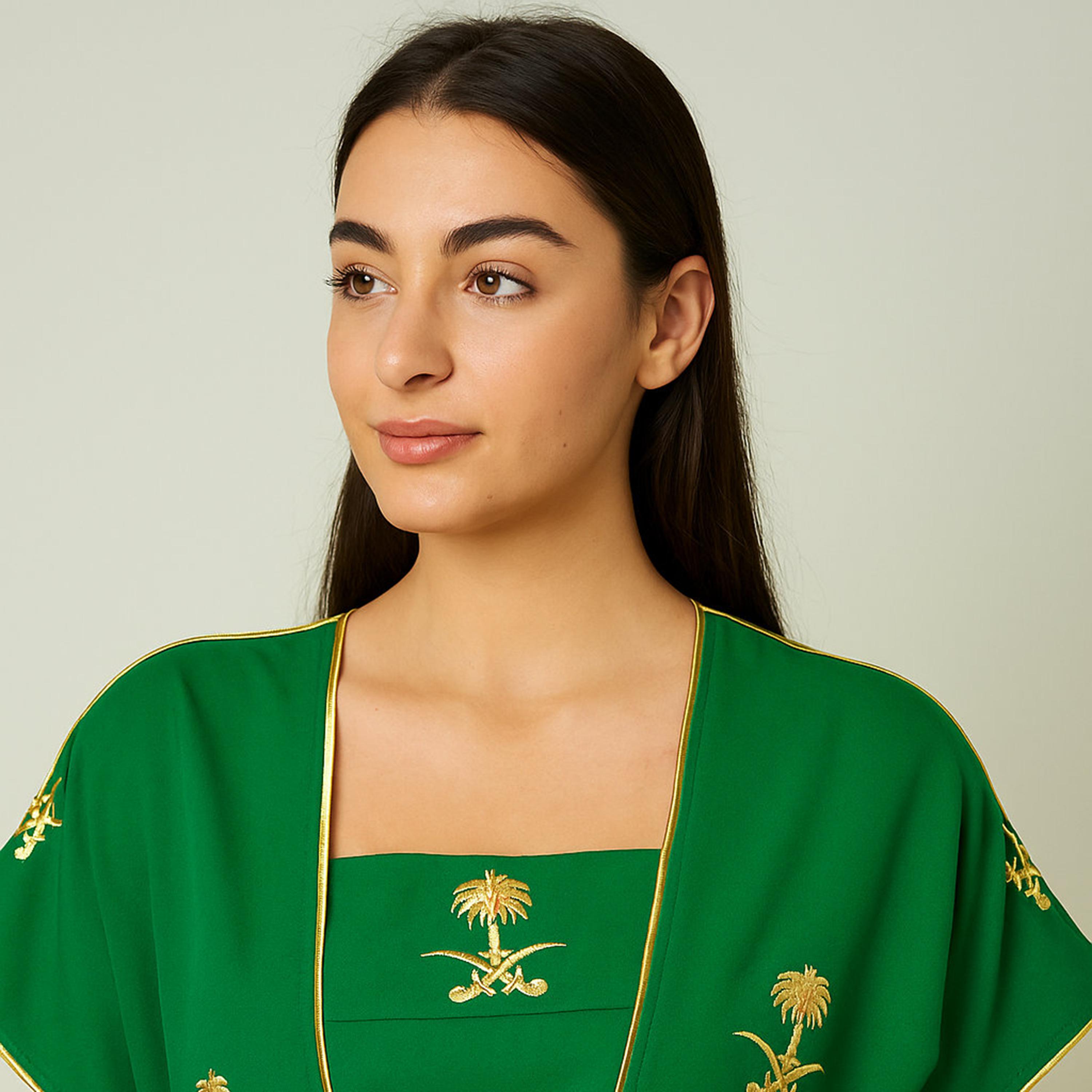 طقم نسائي قطعتين أخضر مطرز لليوم الوطني السعودي من إككسا-women-arabicclothing-sets-image-2