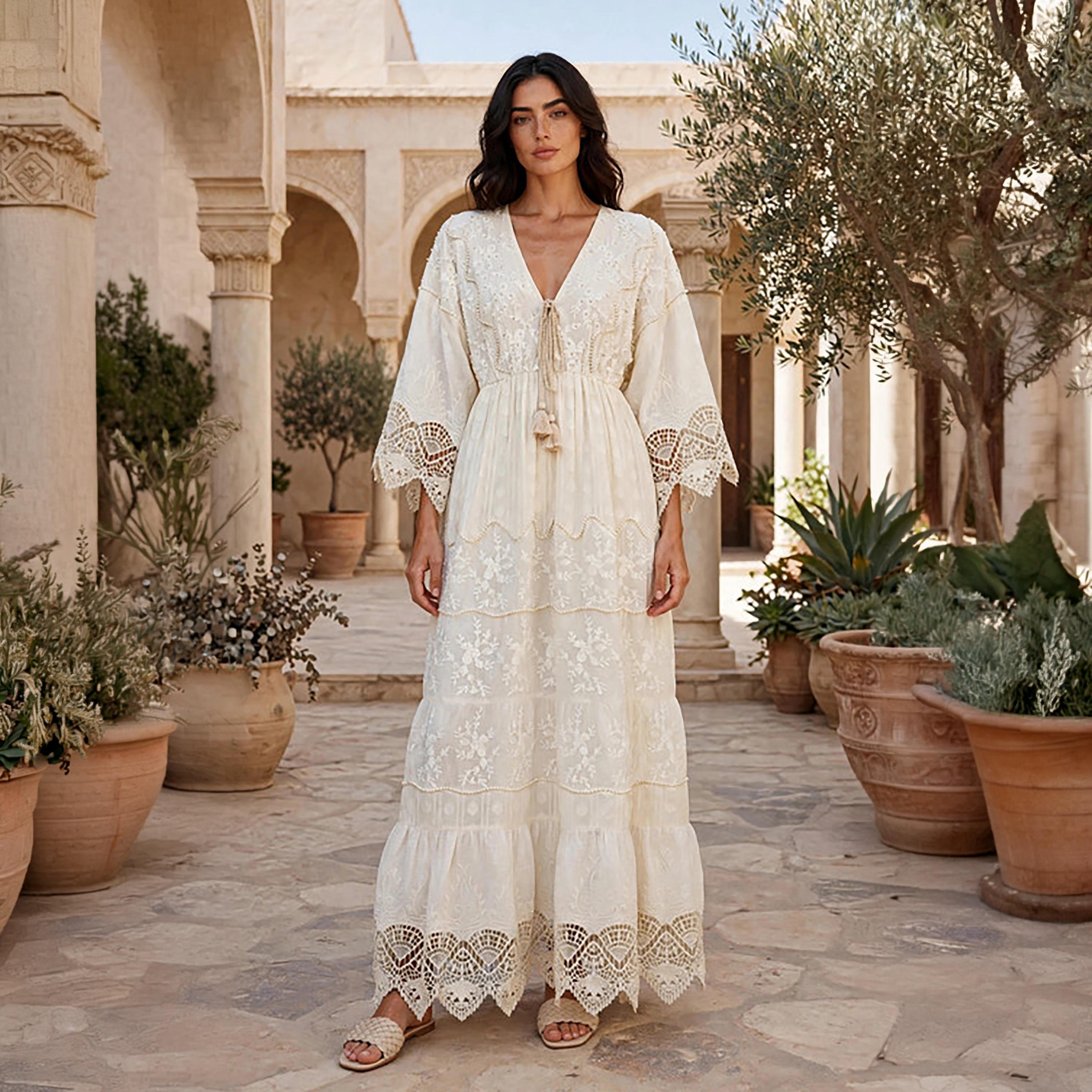 IKKXA Beige Embroidered Dropped Wide Sleeves Fit & Flared Women's Jalabiya-women-arabicclothing-jalabiyas-image-1