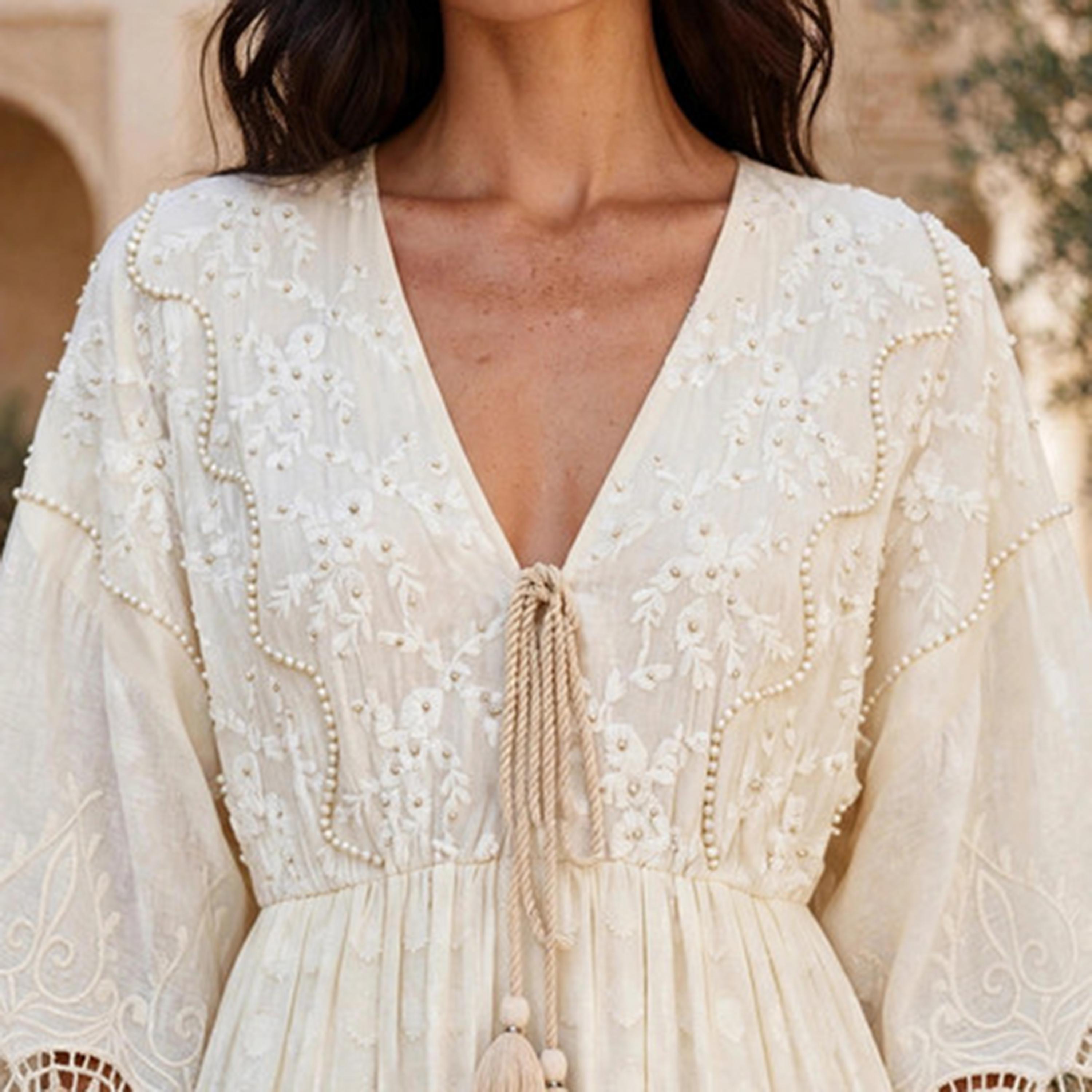 IKKXA Beige Embroidered Dropped Wide Sleeves Fit & Flared Women's Jalabiya-women-arabicclothing-jalabiyas-image-2