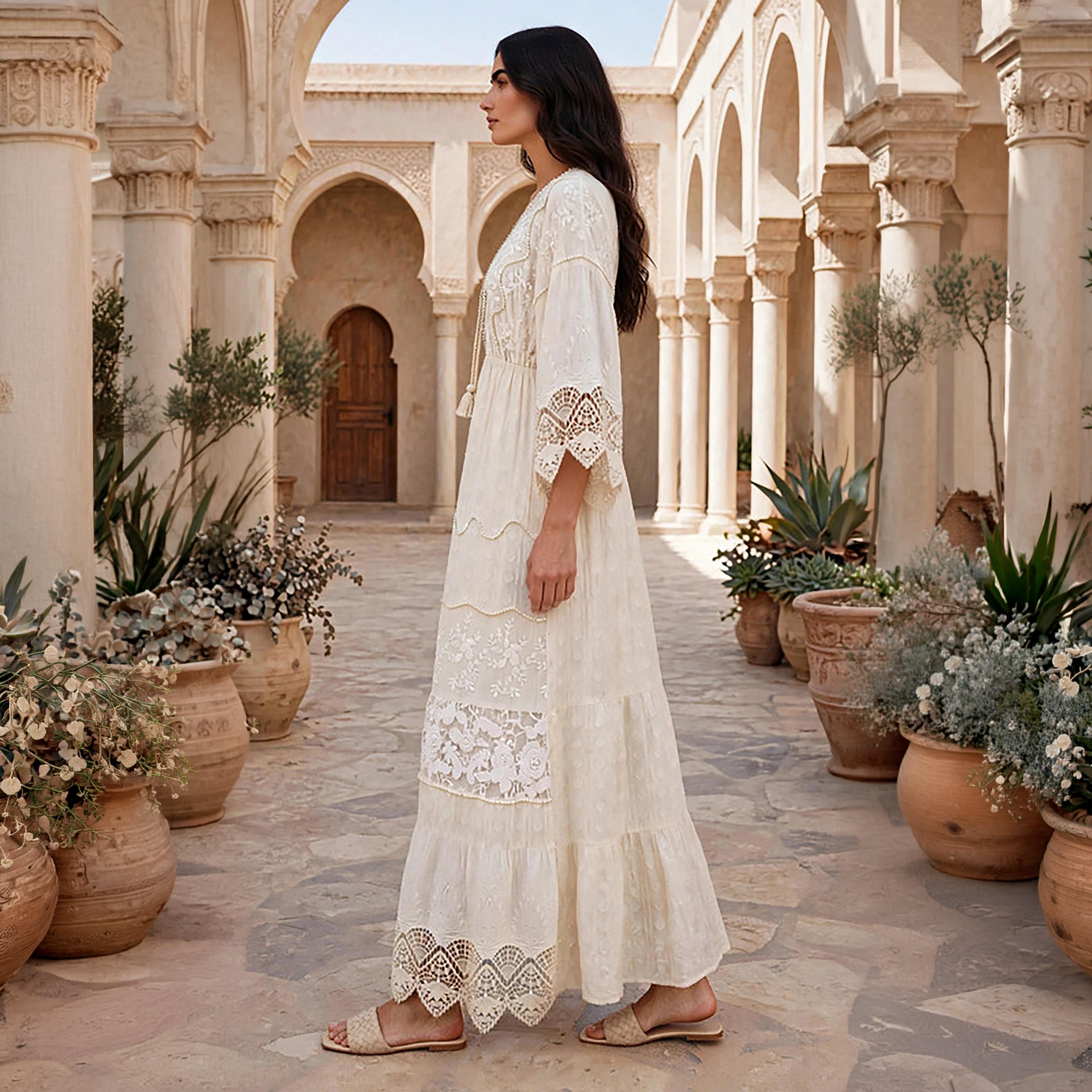 IKKXA Beige Embroidered Dropped Wide Sleeves Fit & Flared Women's Jalabiya-women-arabicclothing-jalabiyas-image-3