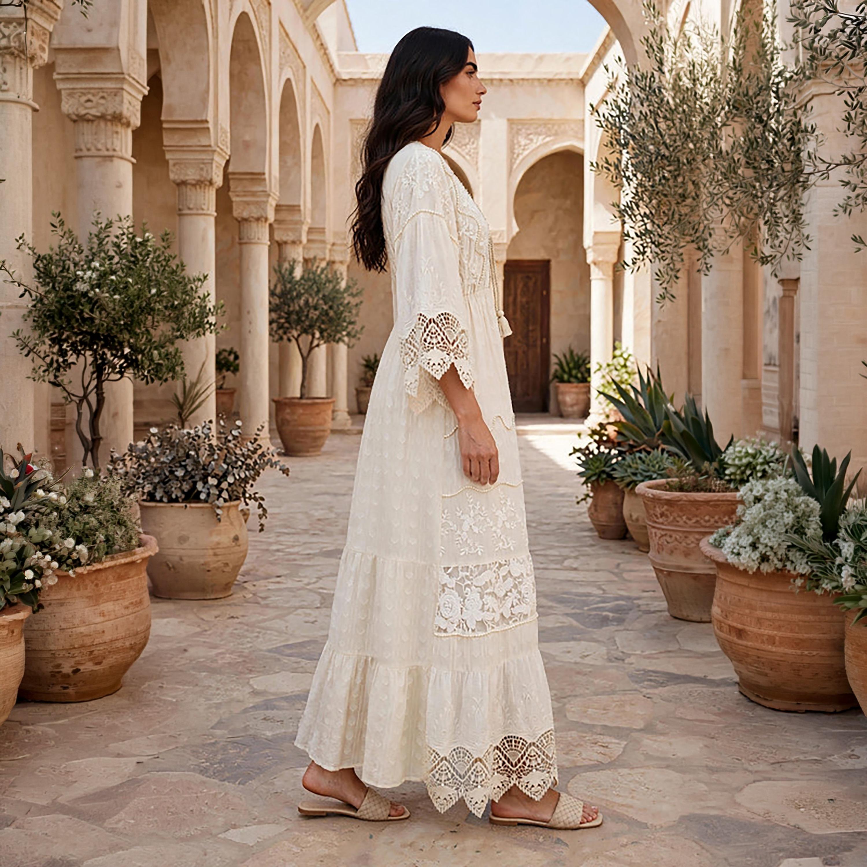 IKKXA Beige Embroidered Dropped Wide Sleeves Fit & Flared Women's Jalabiya-women-arabicclothing-jalabiyas-image-4