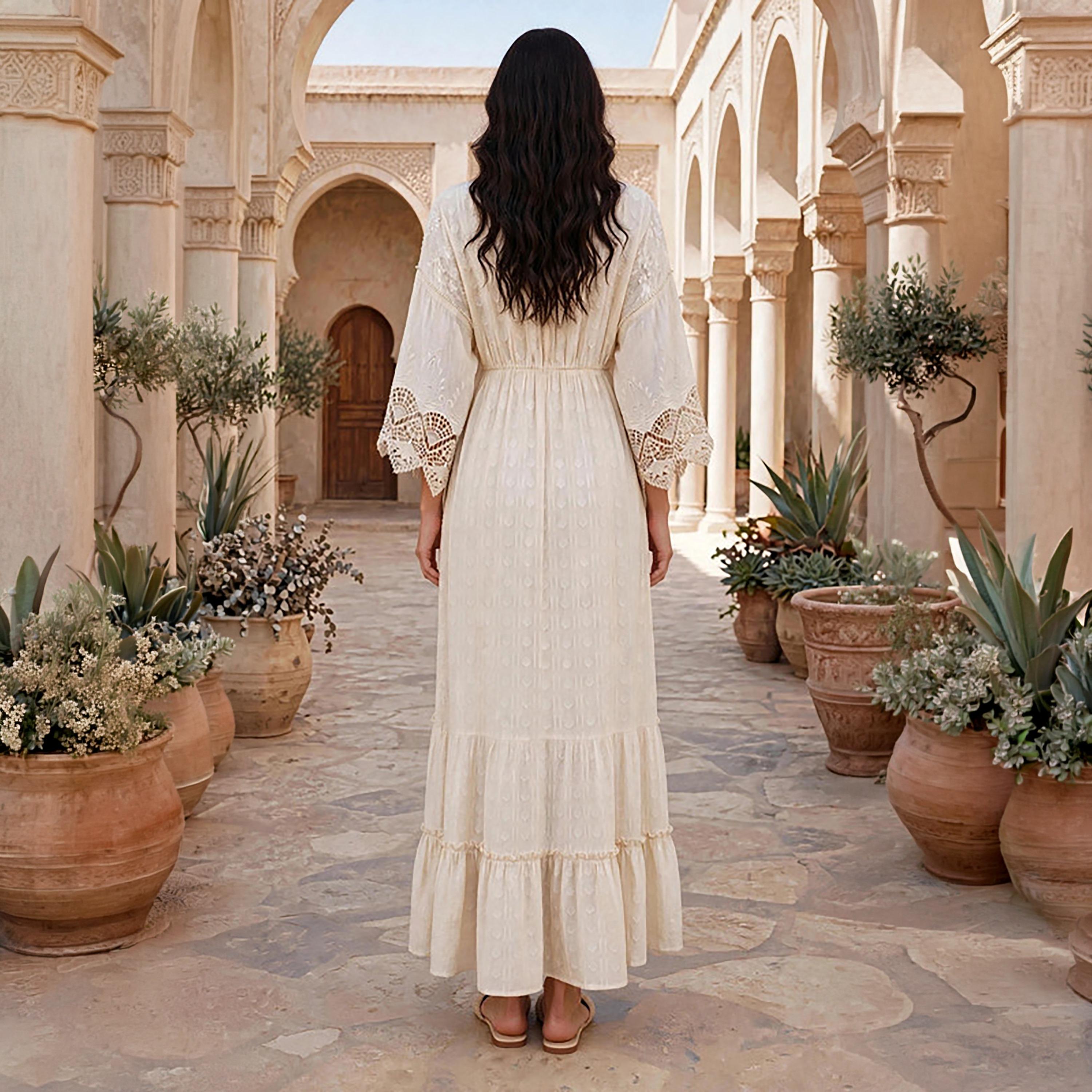 IKKXA Beige Embroidered Dropped Wide Sleeves Fit & Flared Women's Jalabiya-women-arabicclothing-jalabiyas-image-5