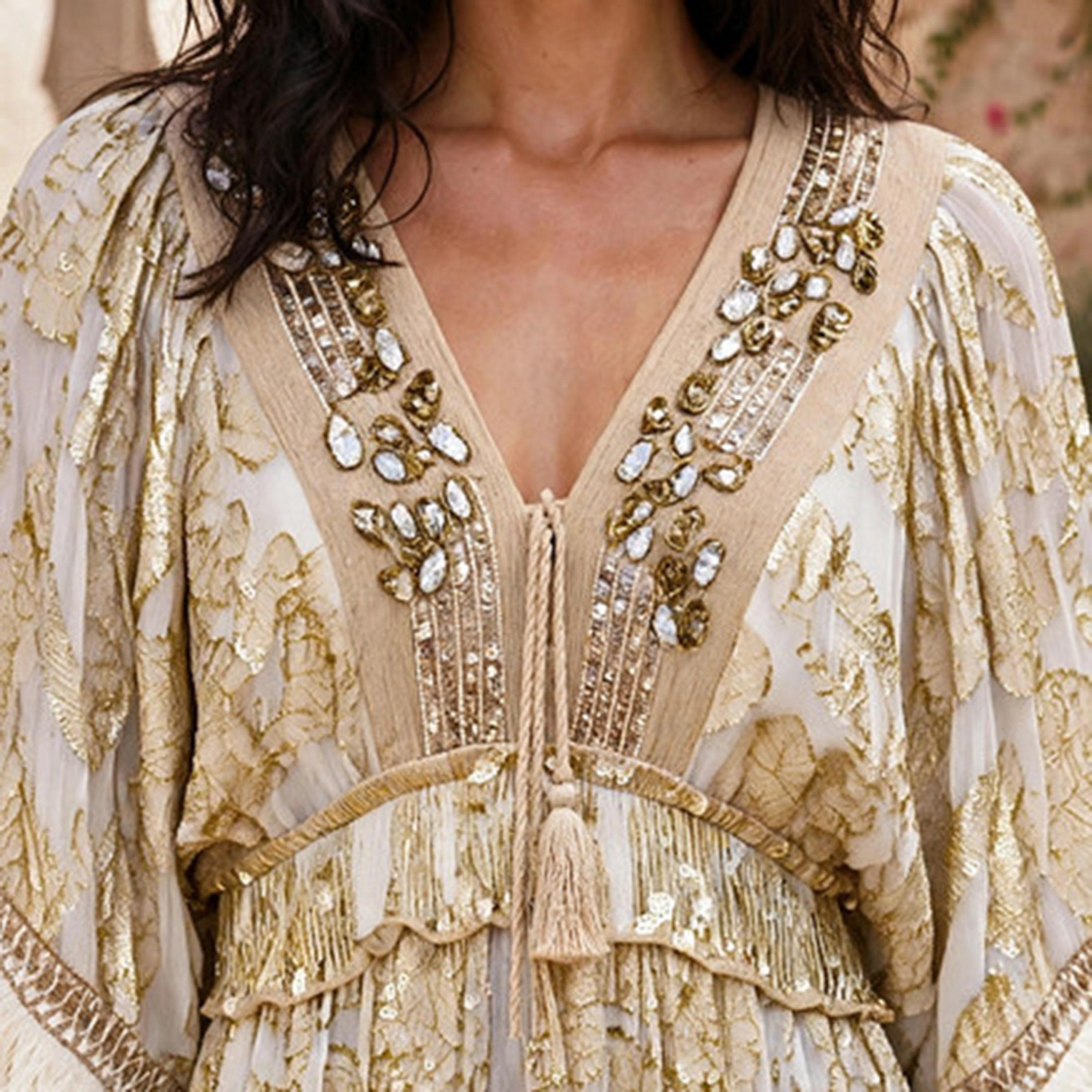 IKKXA White Golden Jacquared Floral Wide Sleeves Flared Women's Jalabiya-women-clothing-dresses-image-2