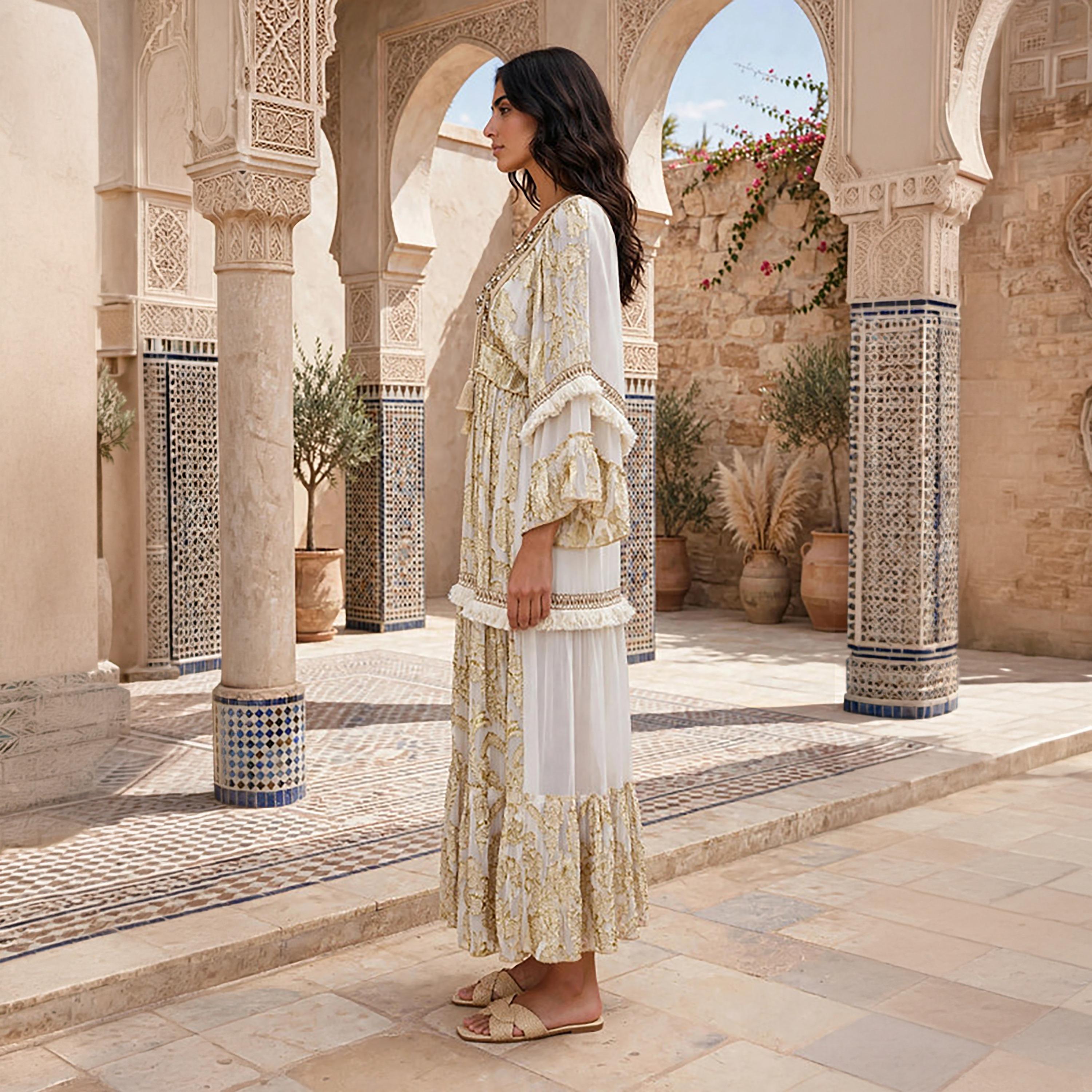 IKKXA White Golden Jacquared Floral Wide Sleeves Flared Women's Jalabiya-women-clothing-dresses-image-3