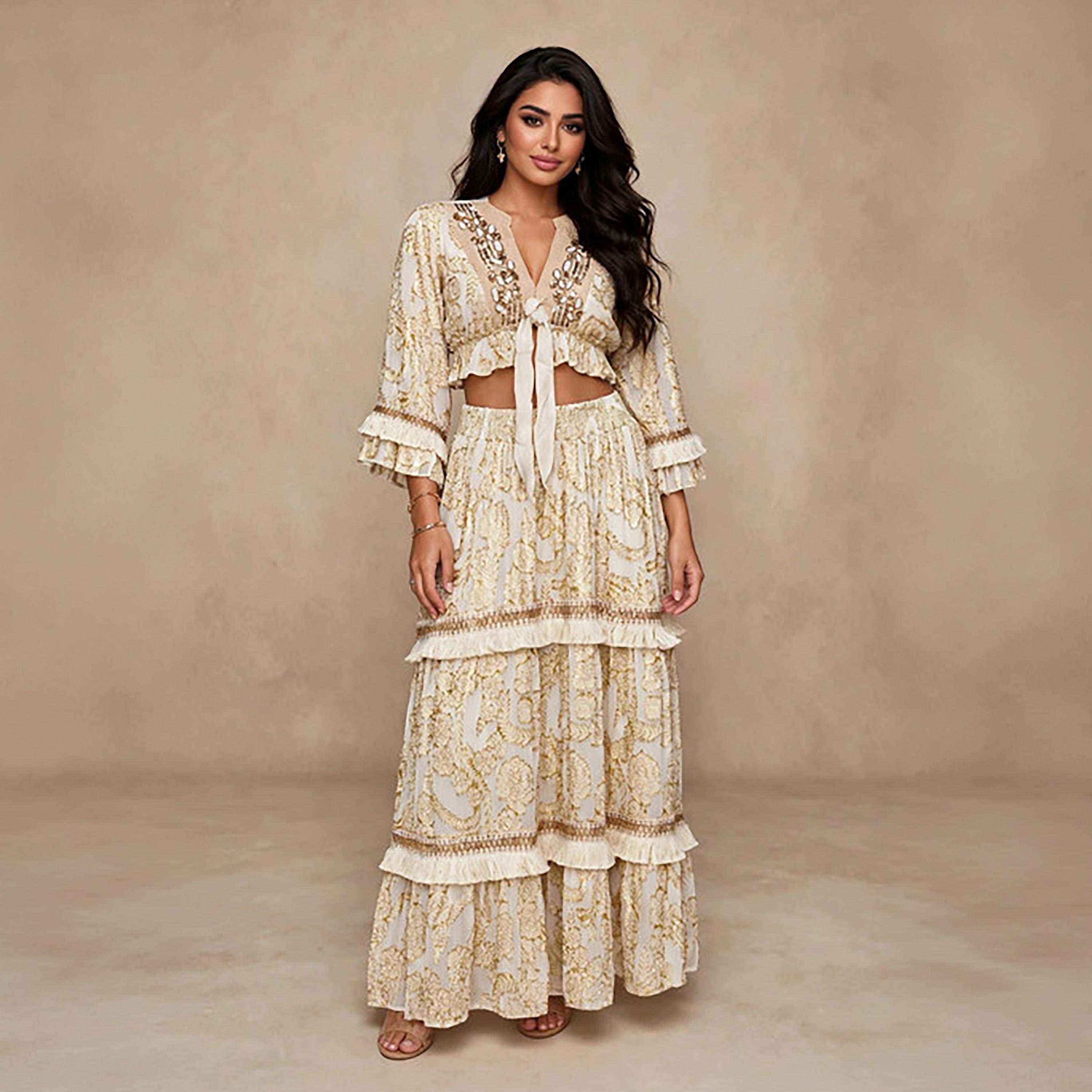 IKKXA 2-Piece White Foil Floral Print Women's Crop Top & Flared Skirt Set-women-arabicclothing-sets-image-1