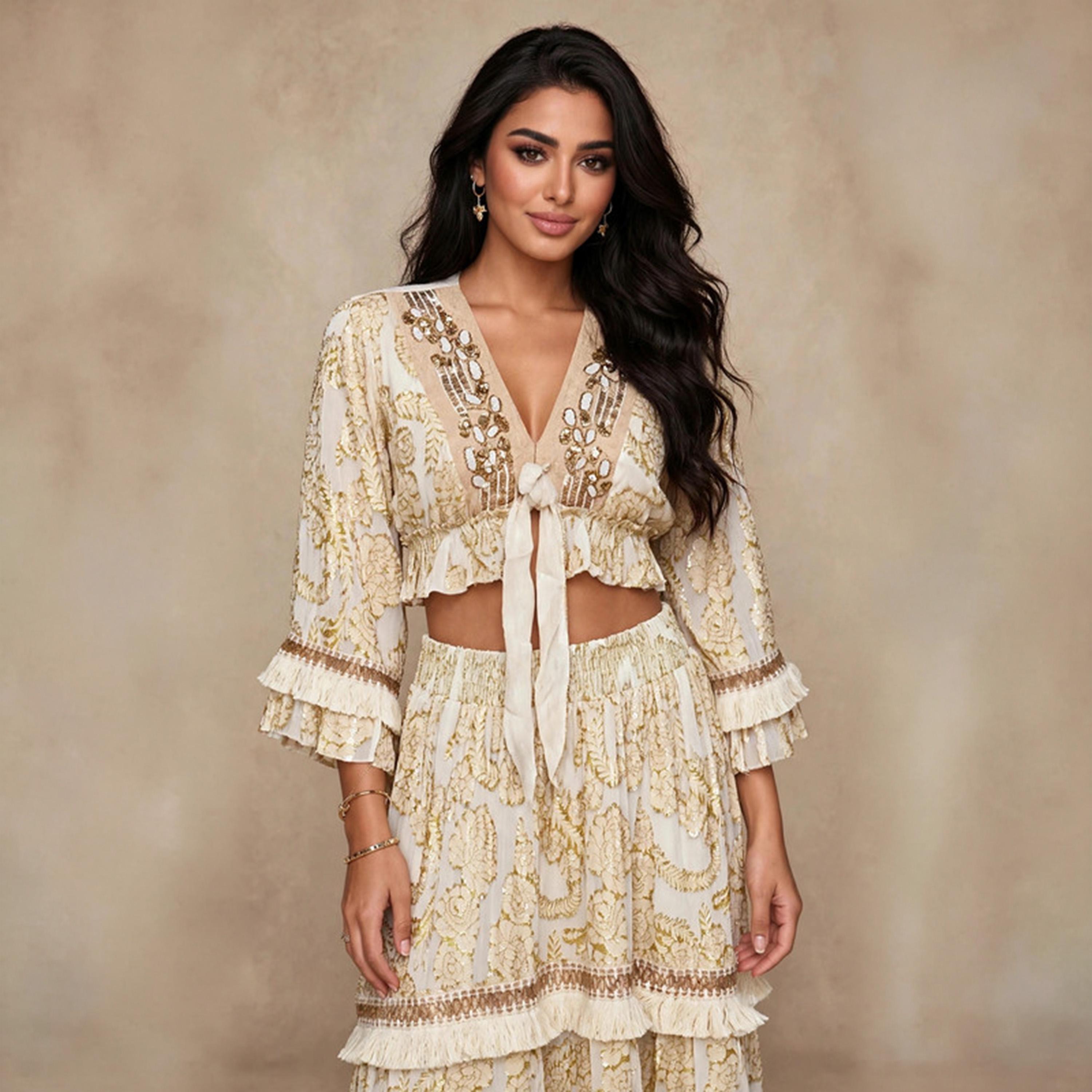 IKKXA 2-Piece White Foil Floral Print Women's Crop Top & Flared Skirt Set-women-arabicclothing-sets-image-2
