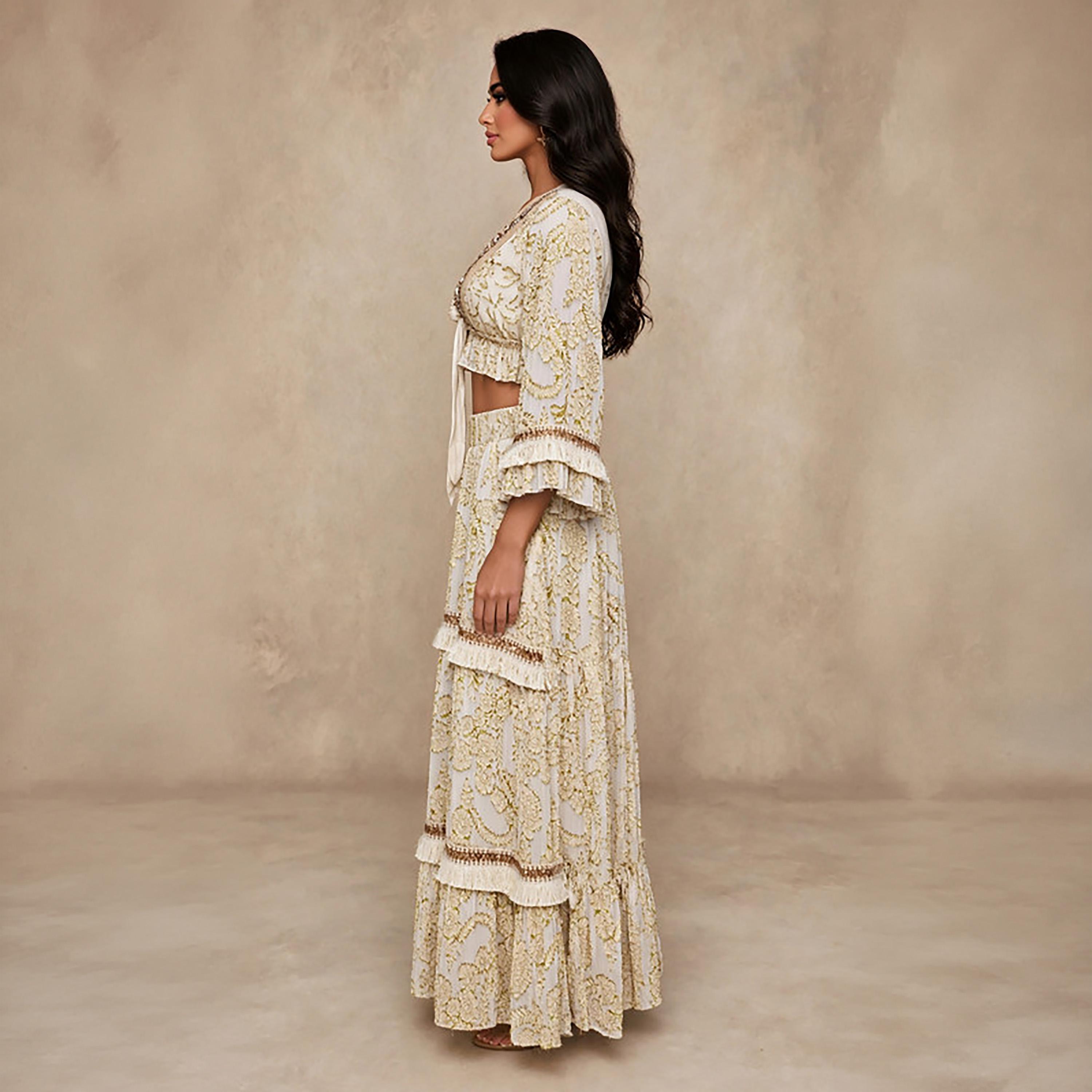IKKXA 2-Piece White Foil Floral Print Women's Crop Top & Flared Skirt Set-women-arabicclothing-sets-image-3