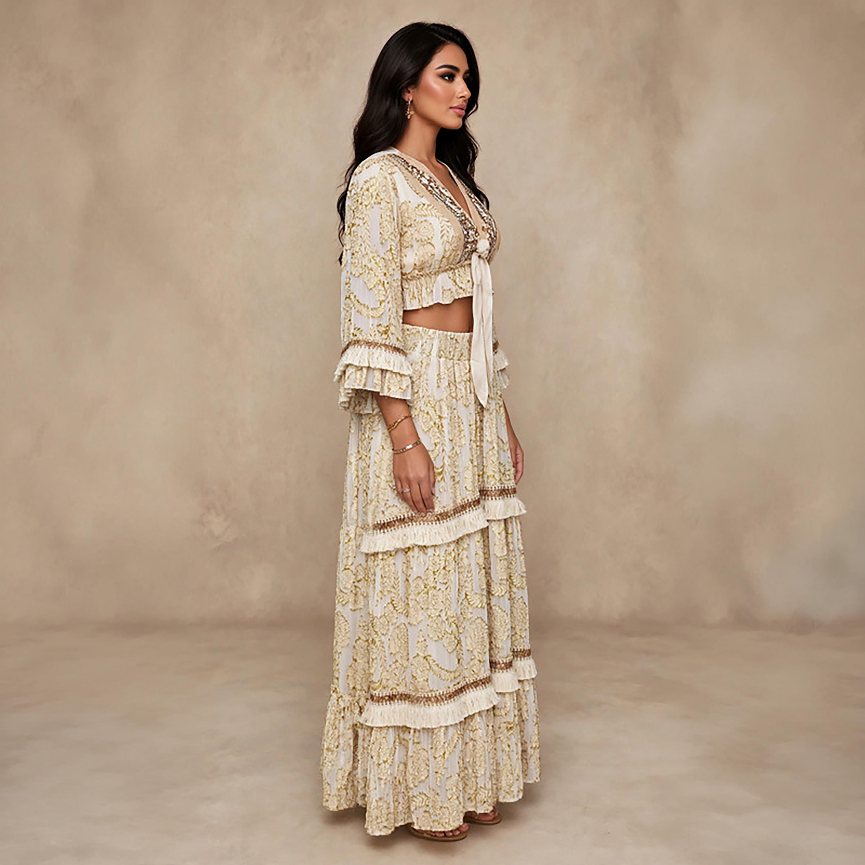 IKKXA 2-Piece White Foil Floral Print Women's Crop Top & Flared Skirt Set-women-arabicclothing-sets-image-4