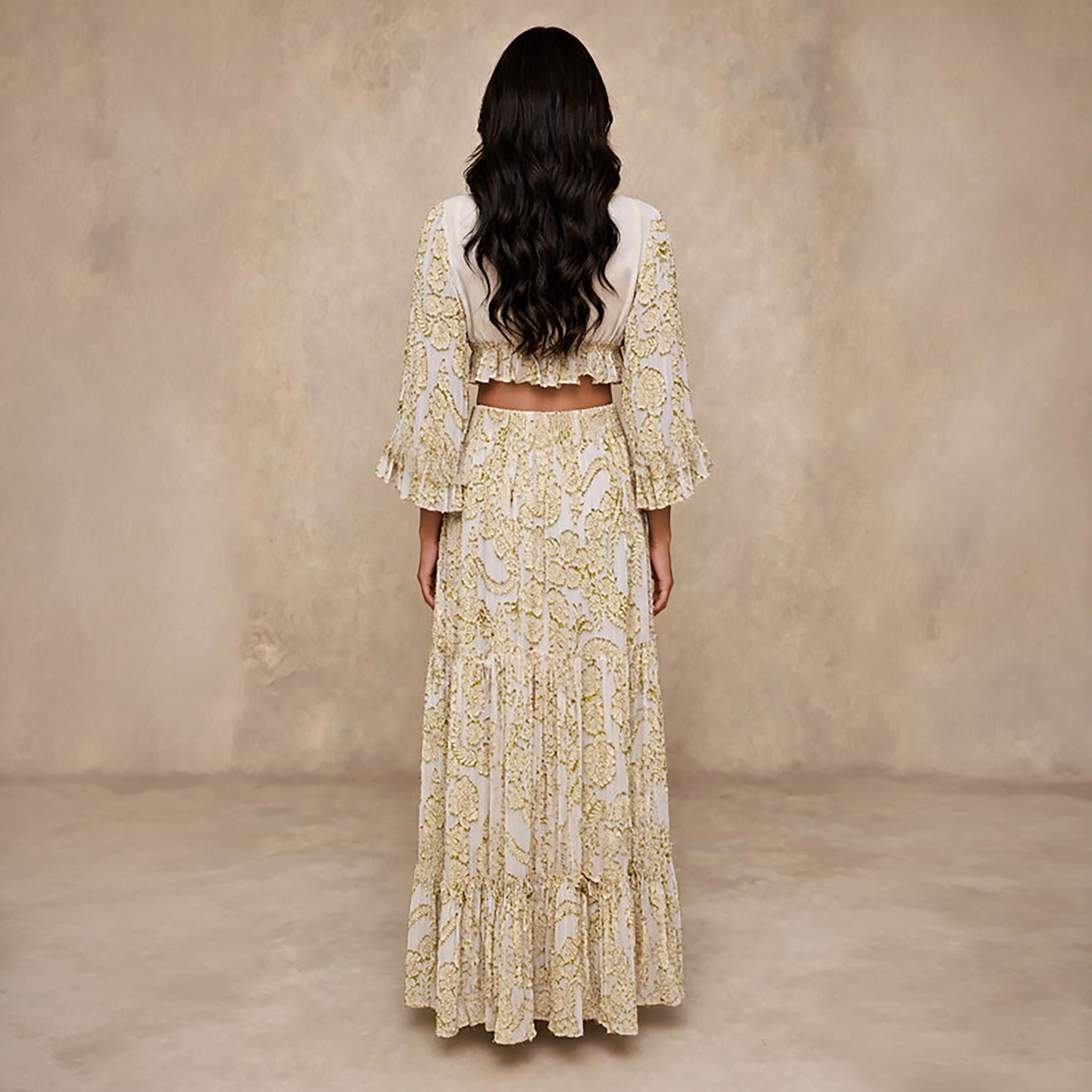 IKKXA 2-Piece White Foil Floral Print Women's Crop Top & Flared Skirt Set-women-arabicclothing-sets-image-5