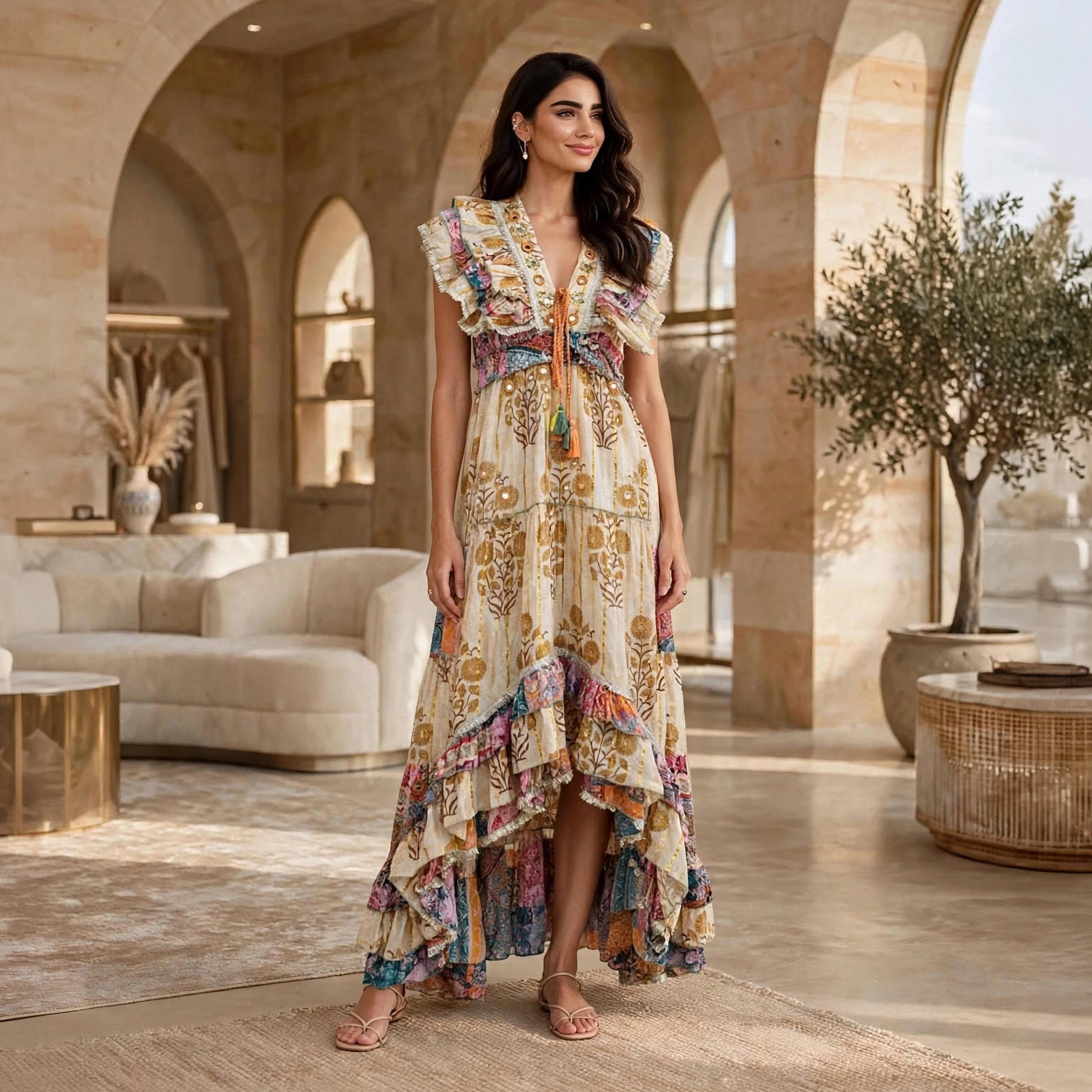 IKKXA Floral Print Flutter Sleeves Women's Evening Tiered High-Low Jalabiya-women-arabicclothing-dresses-image-1