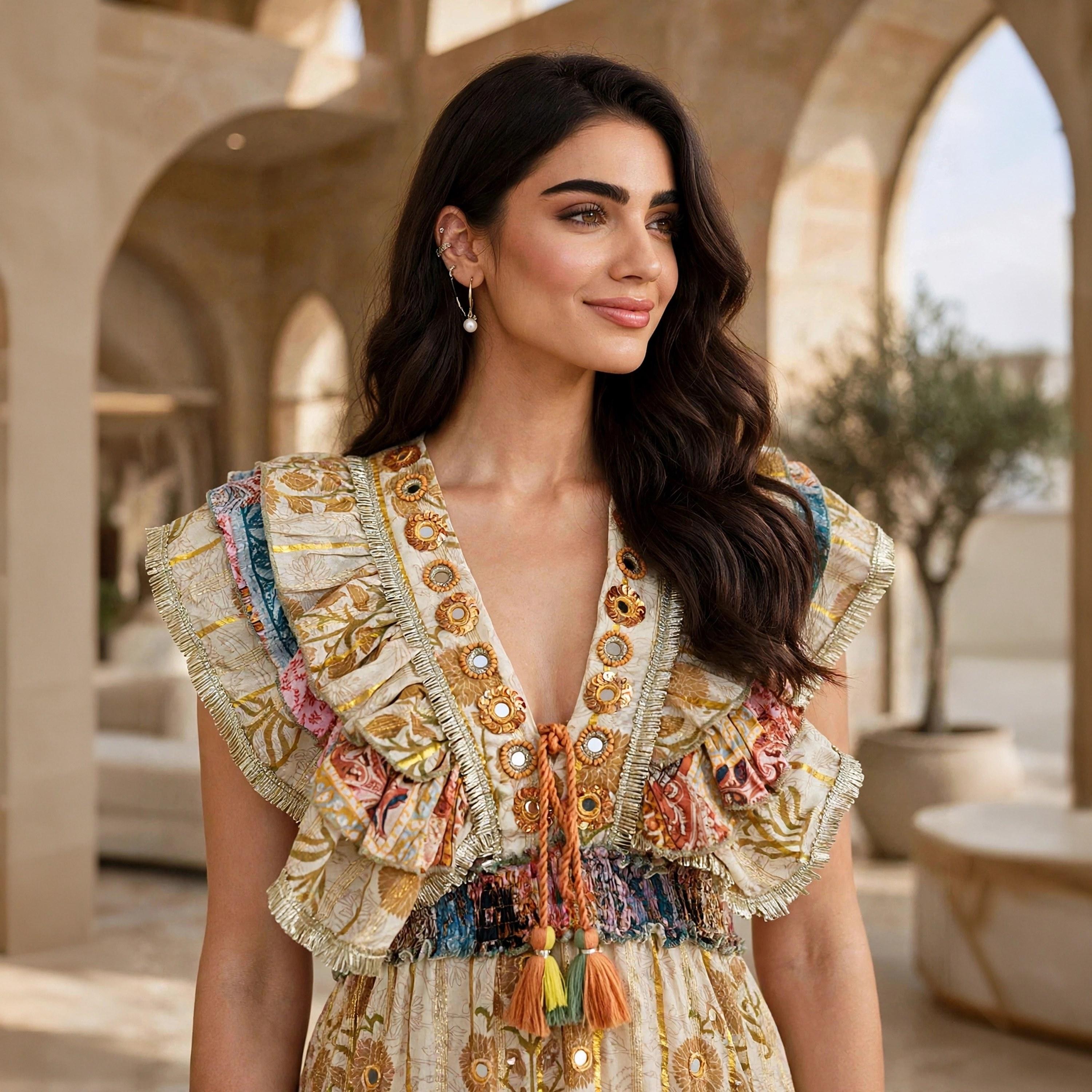 جلابية سهرة حريمي بطبقات وذيل غير متساوٍ بطبعة زهور وأكمام رفرفة من إكسا-women-arabicclothing-dresses-image-2