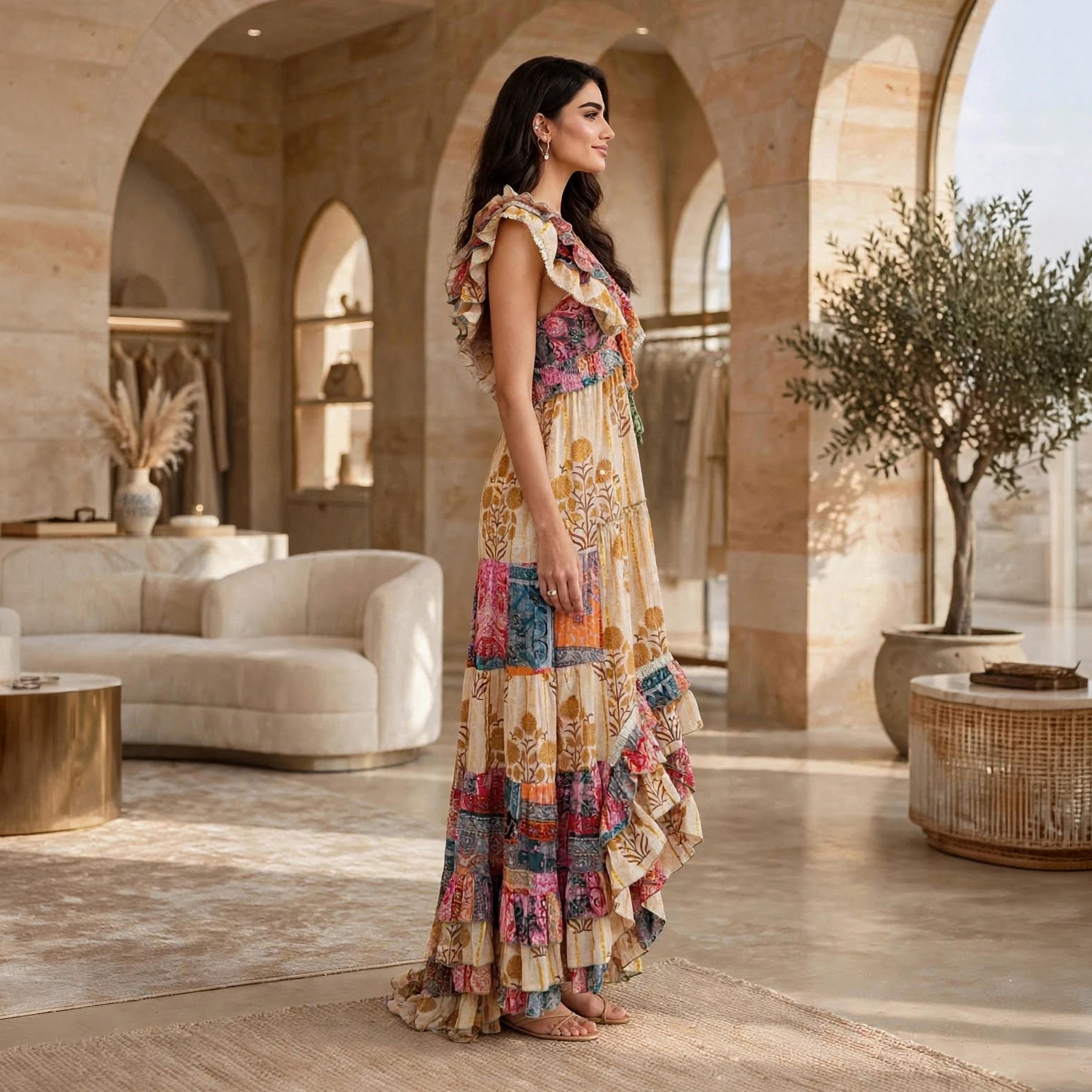 IKKXA Floral Print Flutter Sleeves Women's Evening Tiered High-Low Jalabiya-women-arabicclothing-dresses-image-3
