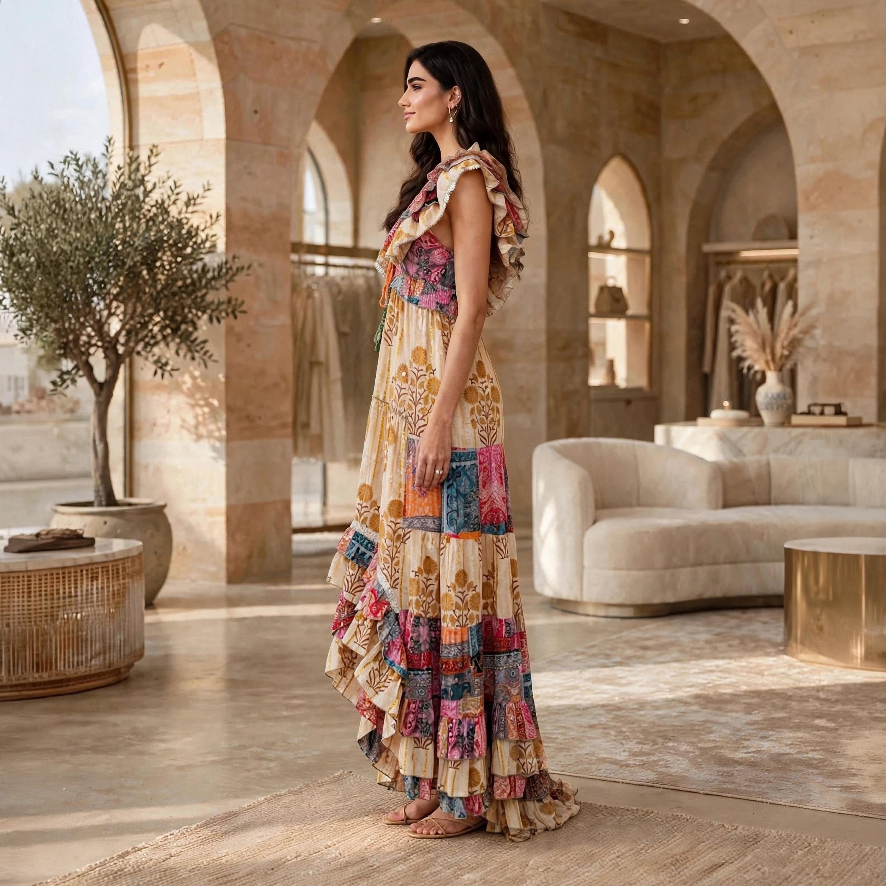 جلابية سهرة حريمي بطبقات وذيل غير متساوٍ بطبعة زهور وأكمام رفرفة من إكسا-women-arabicclothing-dresses-image-4