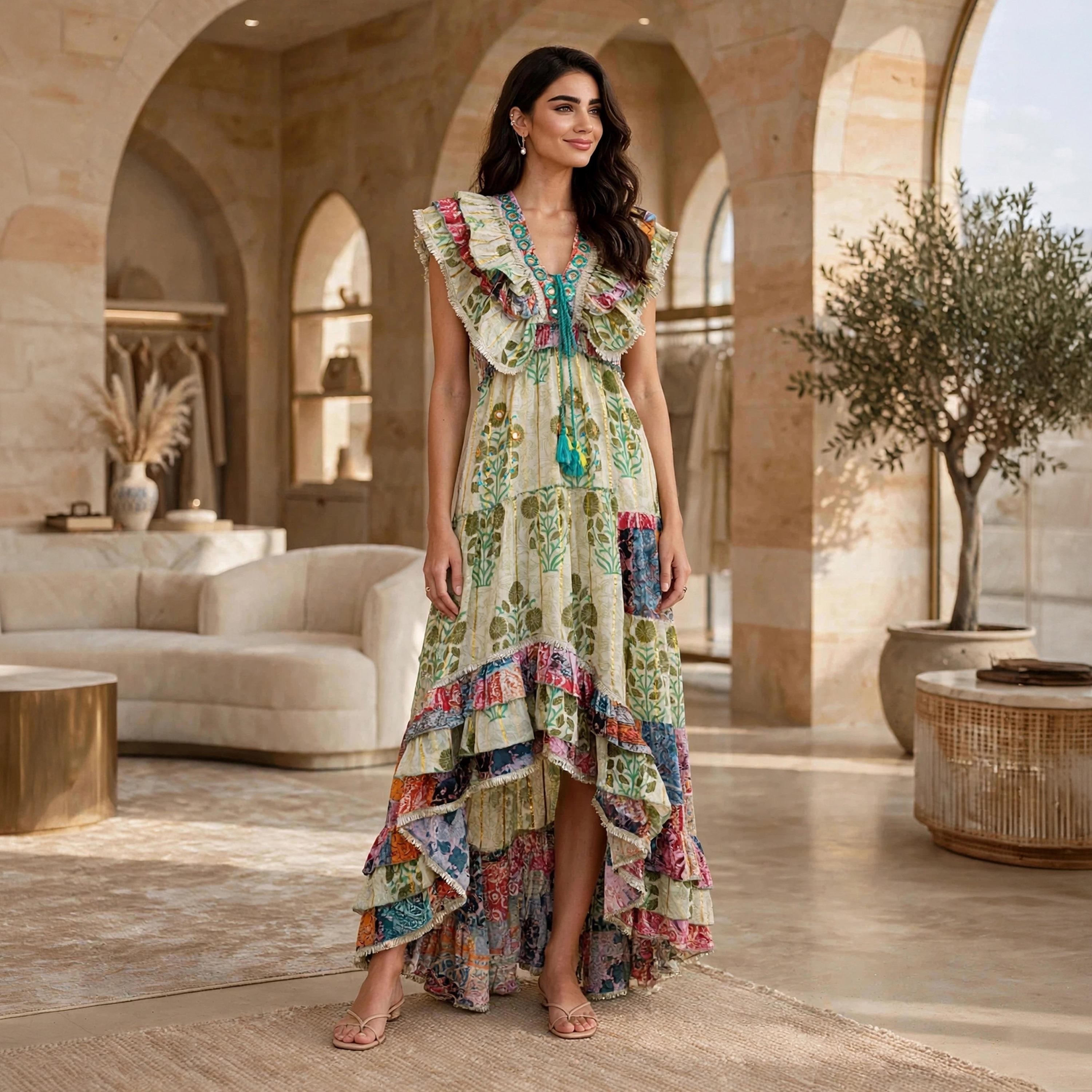 جلابية سهرة حريمي بطبقات وذيل غير متساوٍ بطبعة زهور وأكمام رفرفة من إكسا-women-arabicclothing-dresses-image-6