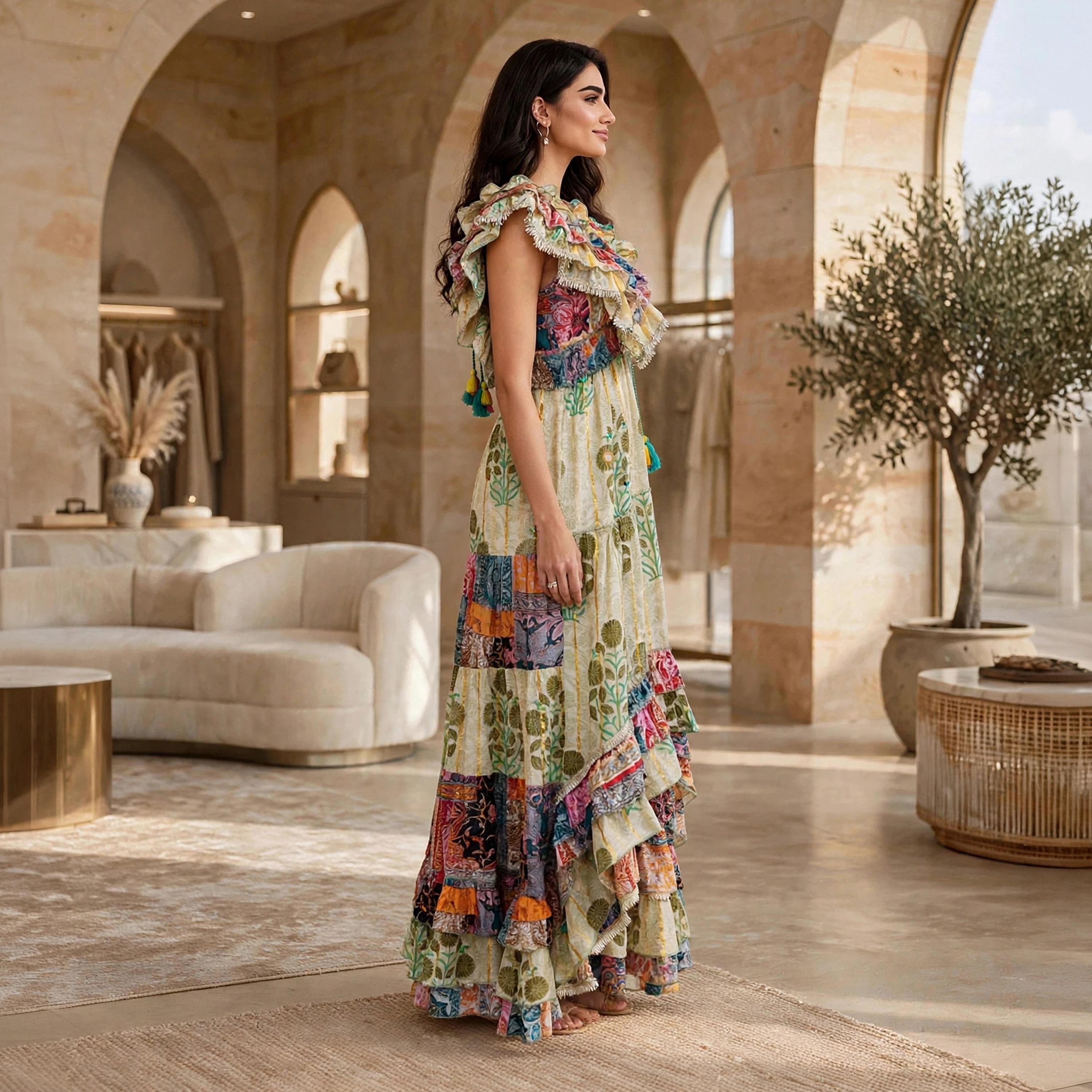 جلابية سهرة حريمي بطبقات وذيل غير متساوٍ بطبعة زهور وأكمام رفرفة من إكسا-women-arabicclothing-dresses-image-8