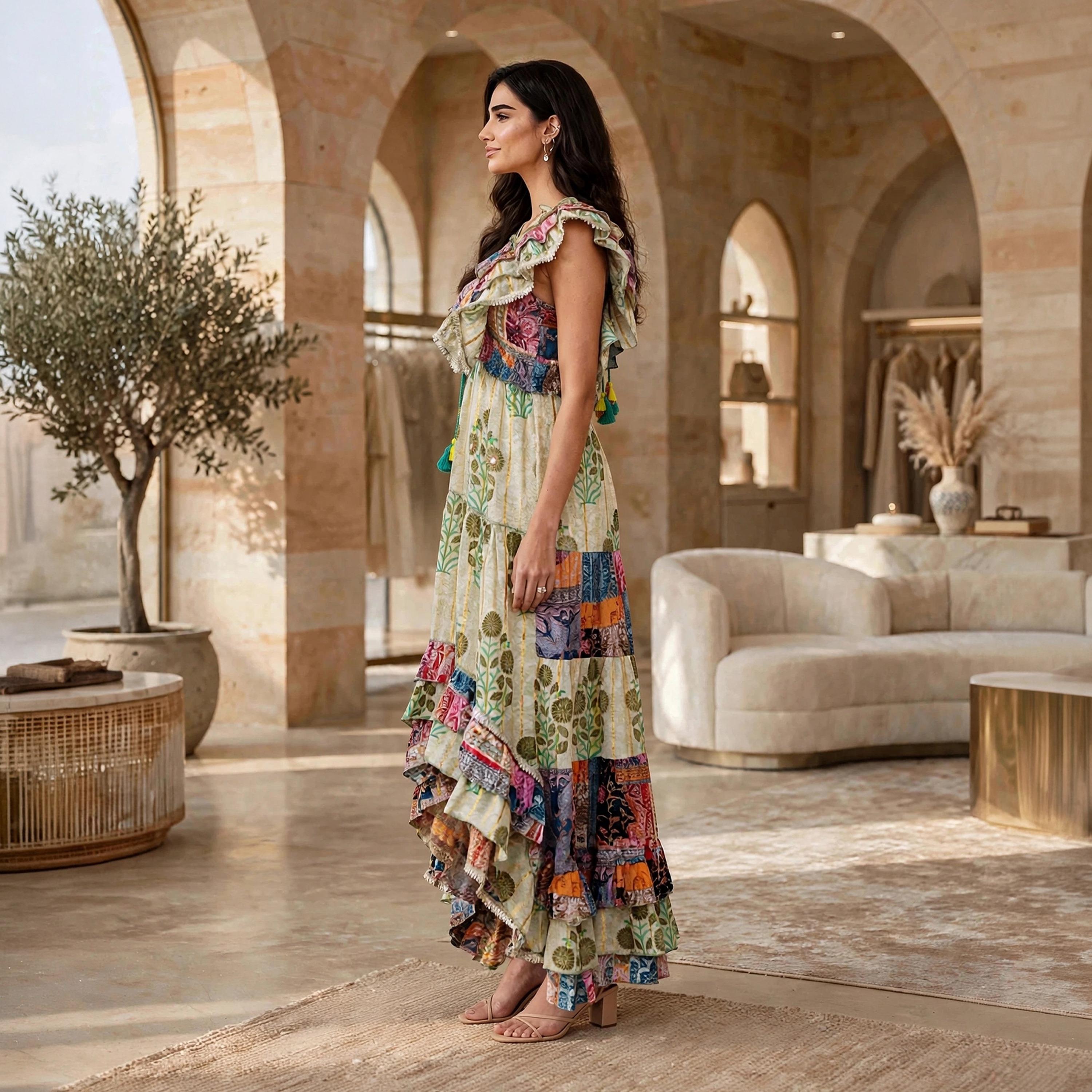 جلابية سهرة حريمي بطبقات وذيل غير متساوٍ بطبعة زهور وأكمام رفرفة من إكسا-women-arabicclothing-dresses-image-9