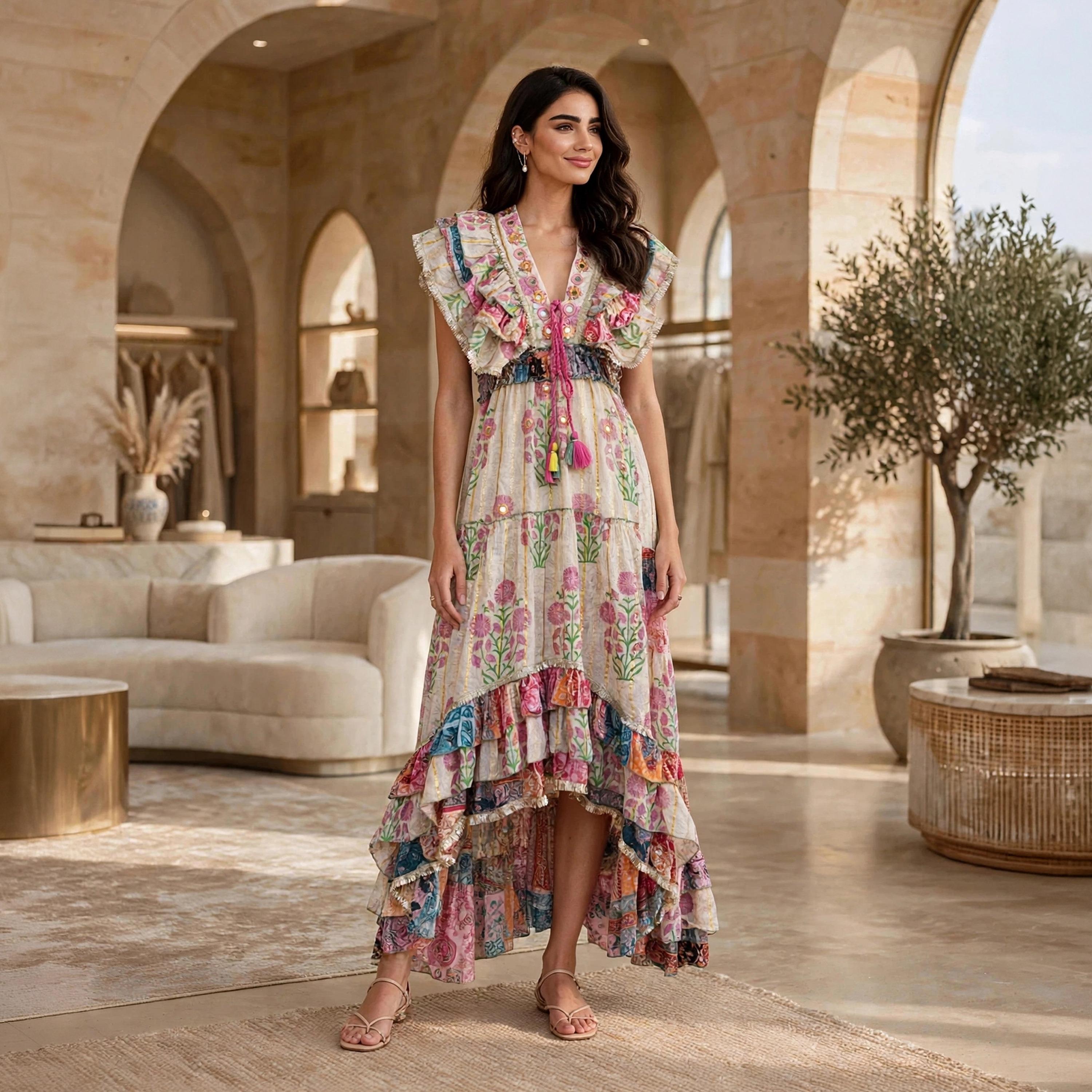 جلابية سهرة حريمي بطبقات وذيل غير متساوٍ بطبعة زهور وأكمام رفرفة من إكسا-women-arabicclothing-dresses-image-11
