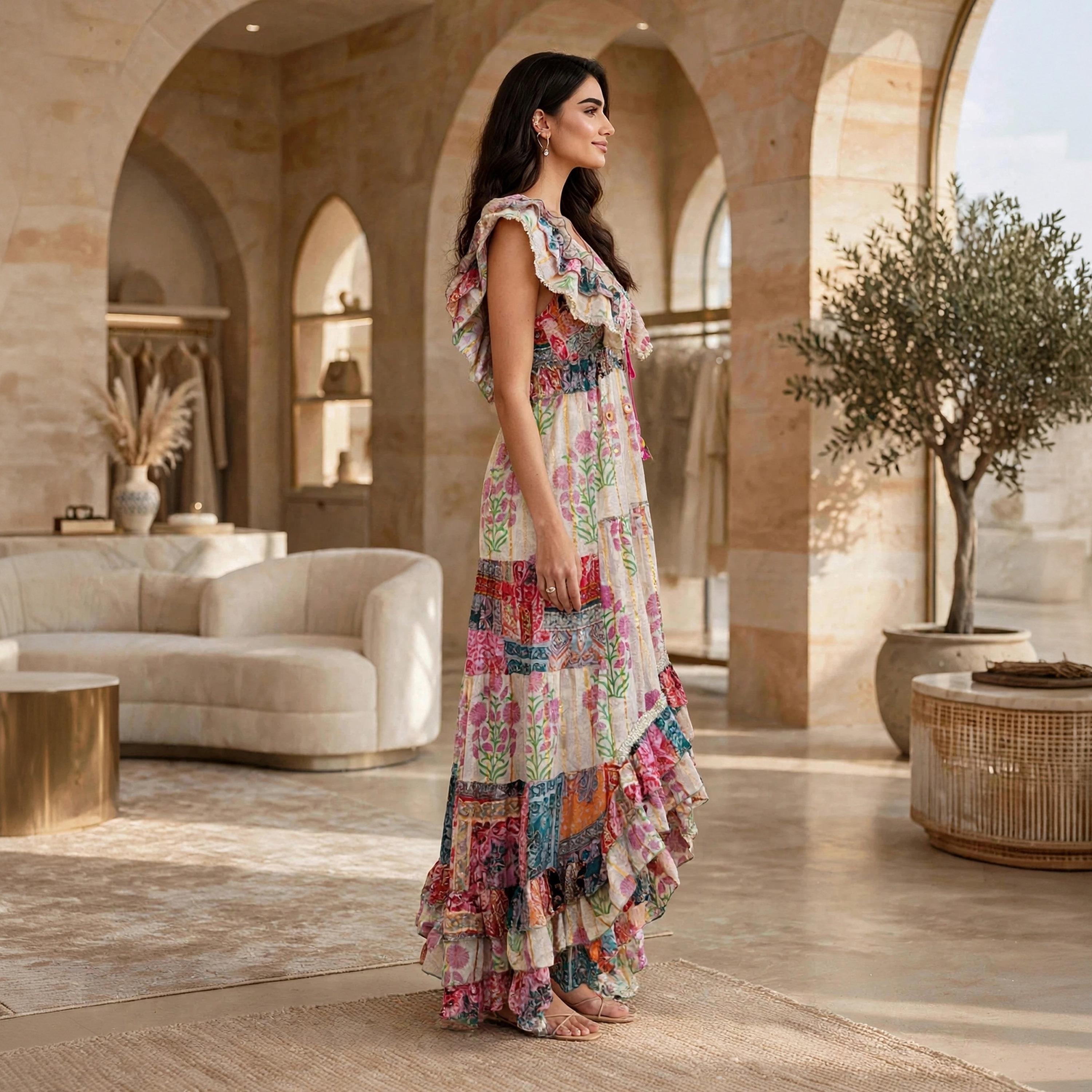 جلابية سهرة حريمي بطبقات وذيل غير متساوٍ بطبعة زهور وأكمام رفرفة من إكسا-women-arabicclothing-dresses-image-13