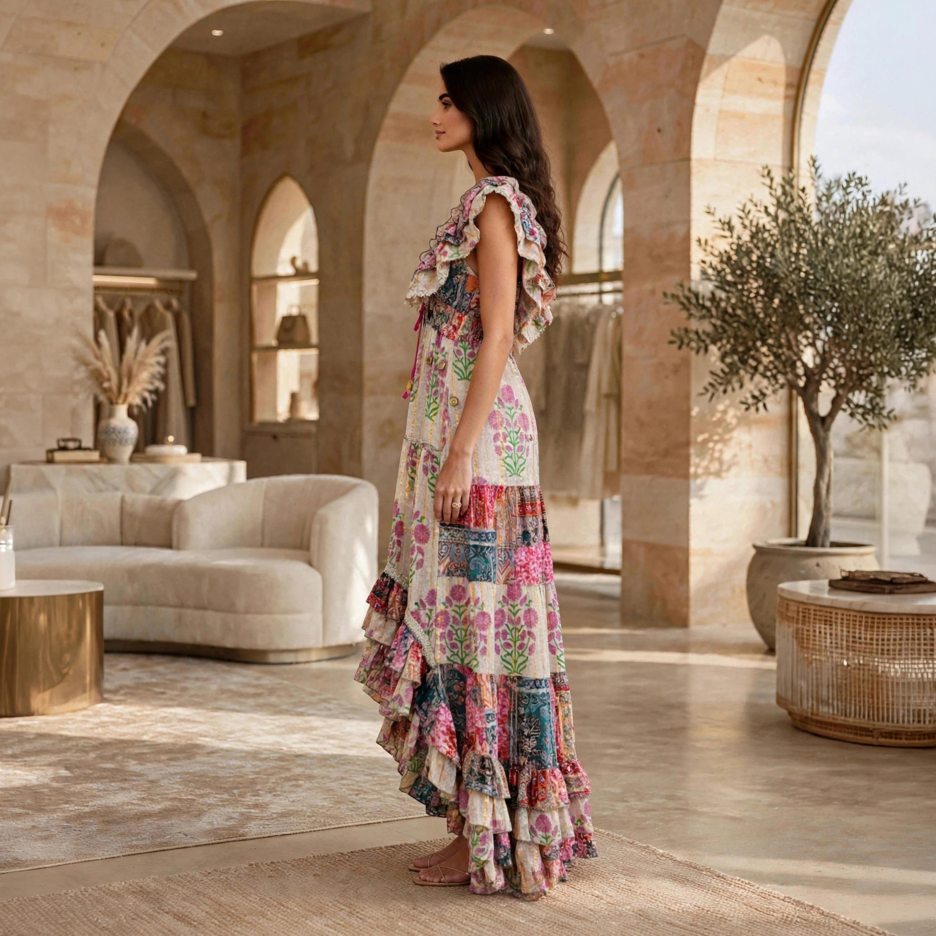 جلابية سهرة حريمي بطبقات وذيل غير متساوٍ بطبعة زهور وأكمام رفرفة من إكسا-women-arabicclothing-dresses-image-14