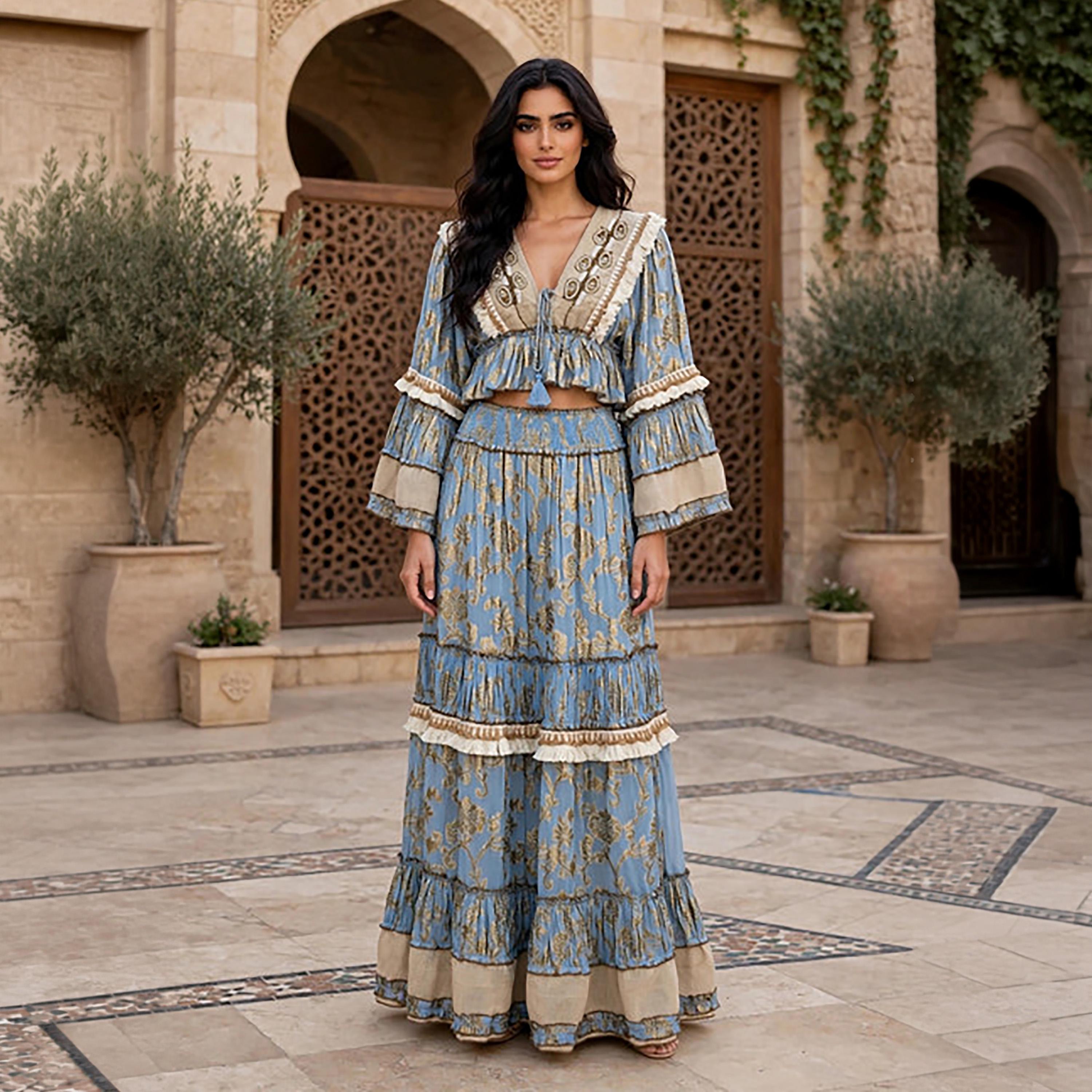 IKKXA 2-Piece Foil Leaf Print Bell Sleeves Women's Peplum Top & Flared Skirt Set-women-arabicclothing-sets-image-1