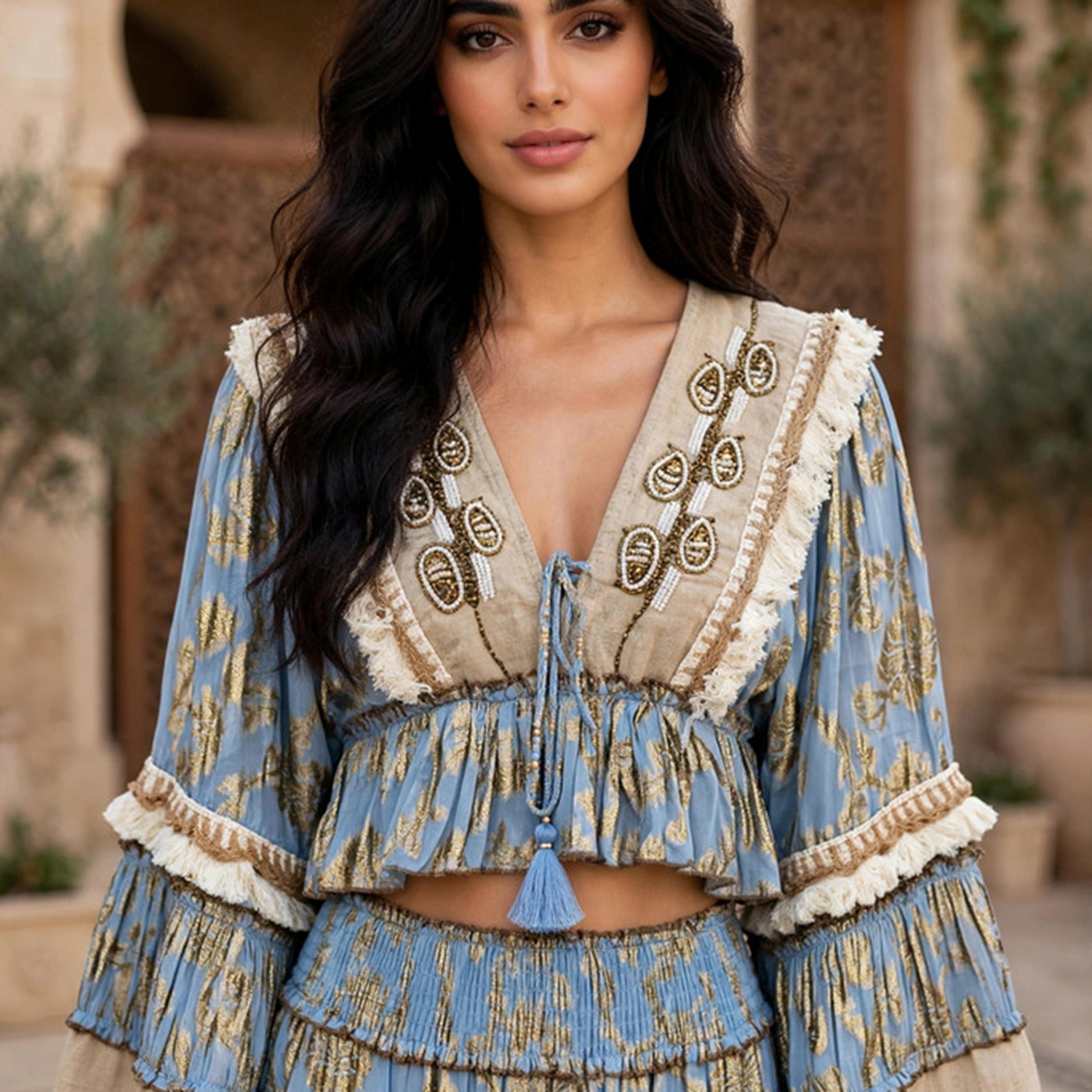 IKKXA 2-Piece Foil Leaf Print Bell Sleeves Women's Peplum Top & Flared Skirt Set-women-arabicclothing-sets-image-2