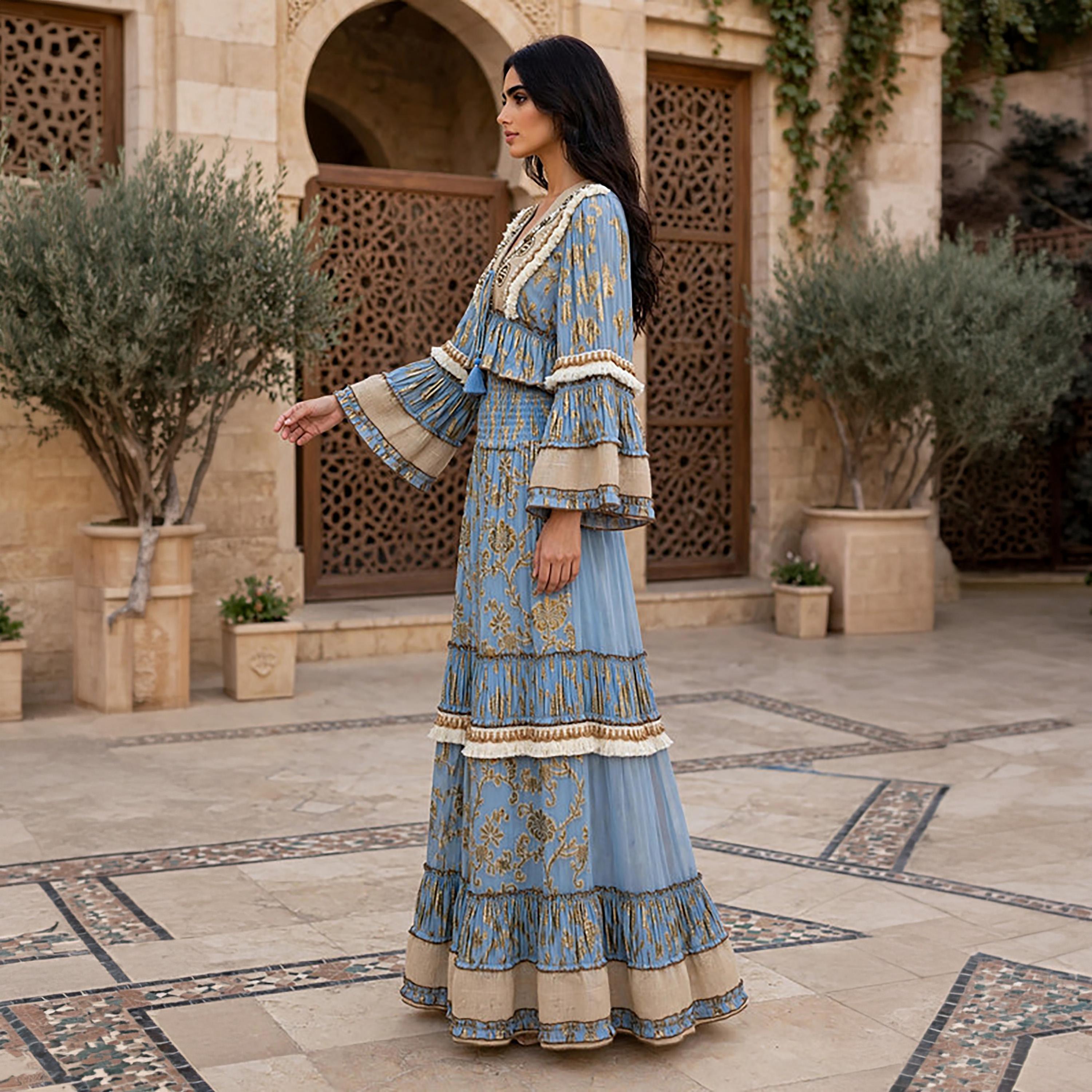IKKXA 2-Piece Foil Leaf Print Bell Sleeves Women's Peplum Top & Flared Skirt Set-women-arabicclothing-sets-image-3