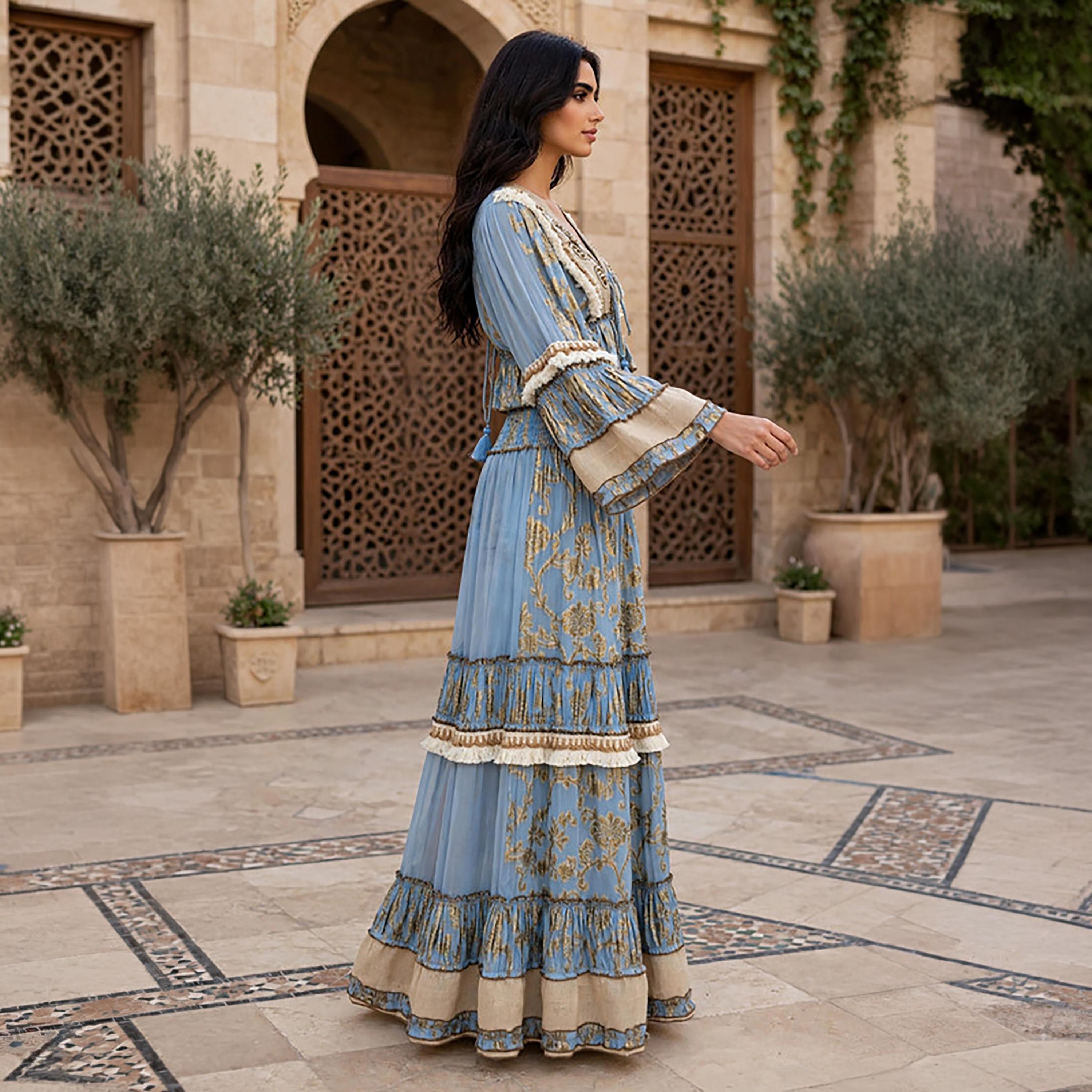 IKKXA 2-Piece Foil Leaf Print Bell Sleeves Women's Peplum Top & Flared Skirt Set-women-arabicclothing-sets-image-4