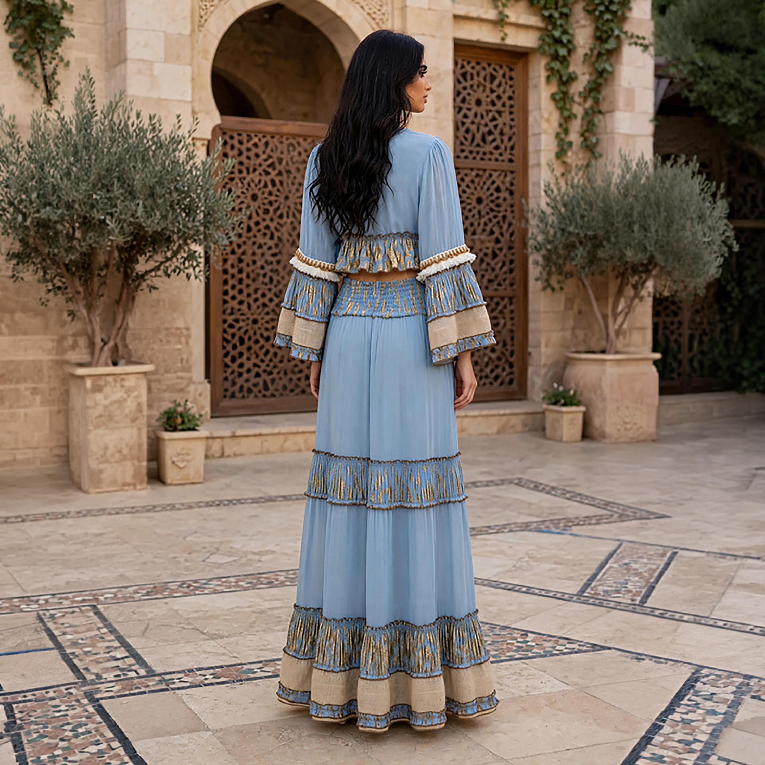 IKKXA 2-Piece Foil Leaf Print Bell Sleeves Women's Peplum Top & Flared Skirt Set-women-arabicclothing-sets-image-5