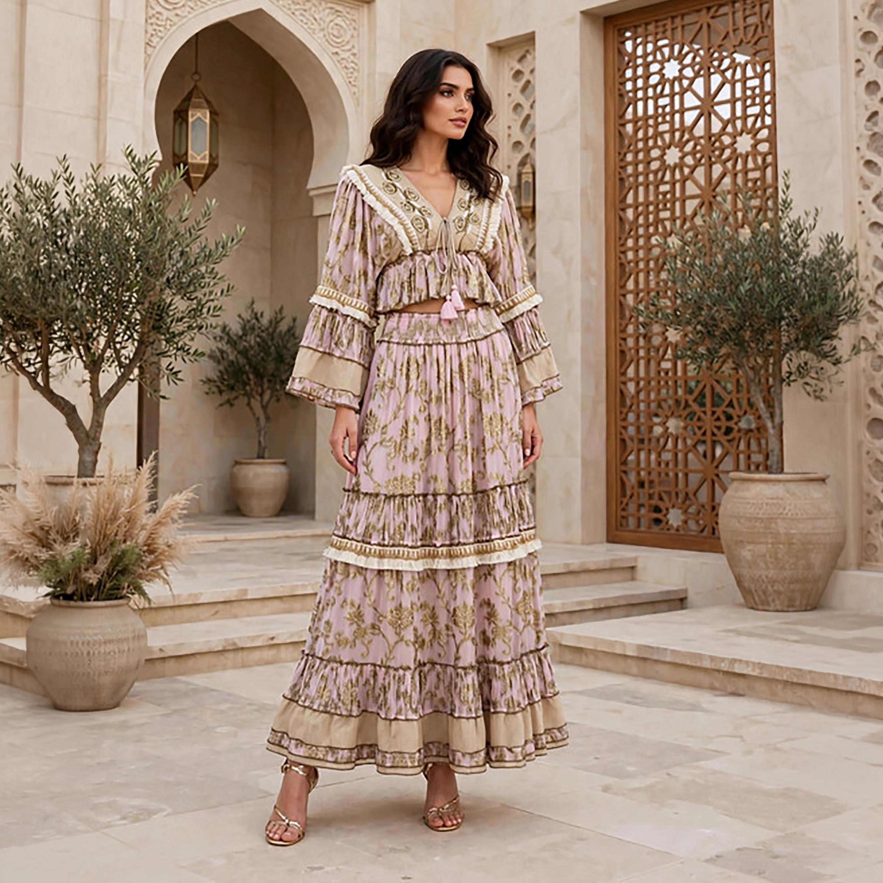 IKKXA 2-Piece Foil Leaf Print Bell Sleeves Women's Peplum Top & Flared Skirt Set-women-arabicclothing-sets-image-6